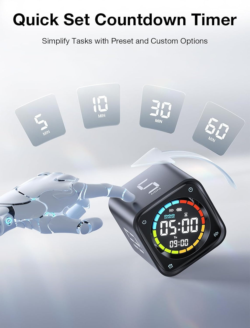 TK3 Pomodoro Timer Cube, Desk Productivity Timer with 5/10/30/60 Min Presets, Custom Countdown, Stopwatch, Clock, 3 Alarm, Silent, Vibrate & Sound Alert, for Task, ADHD, Study, Kitchen, Black
