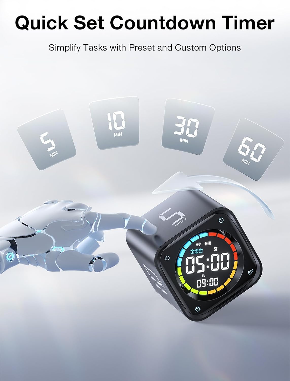 TK3 Pomodoro Timer Cube, Desk Productivity Timer with 5/10/30/60 Min Presets, Custom Countdown, Stopwatch, Clock, 3 Alarm, Silent, Vibrate & Sound Mode, for Task, ADHD, Study, Kitchen (Obsidian Black)