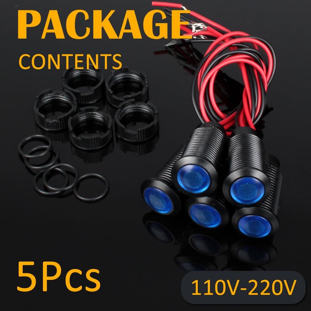 5pcs 12mm LED Indicator Light Plastic Black Signal Dot Lamp 110-220V AC 1/2 inches Mounting Hole Size with 15cm/5.9in. Wire (Blue LED)