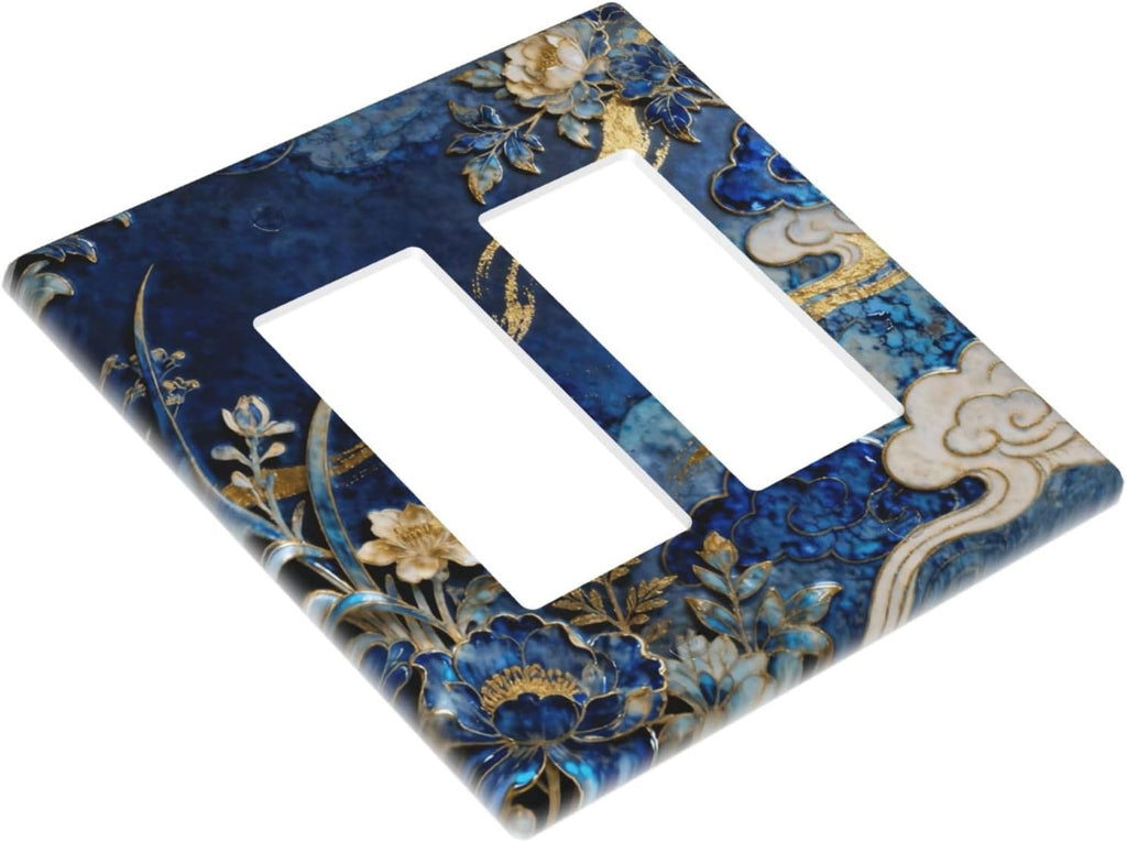 Decorative Outlet Covers Blue White Flower Gold Line Cloud 2 Gang Light Switch Cover Plate Double Rocker Wall Plates for Electrical Outlets Switch Plate Covers for Bedroom Home Decor