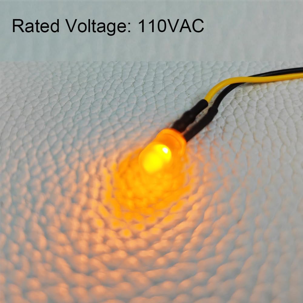 50pcs 110VAC 5mm Yellow LED Lights Emitting Diodes, Prewired 7.9 Inch V LED Light Diffused Colored Lens Small LED