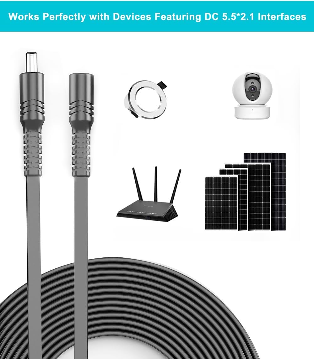 Basesailor 12V DC Extension Cable 20ft 2 Pack,5V 9V 2.1mm x 5.5mm 5521 Power Supply Adapter Long Flat Extender Cord,Female to Male Wire for Outdoor CCTV Security Camera,IP Network Camera,DVRs