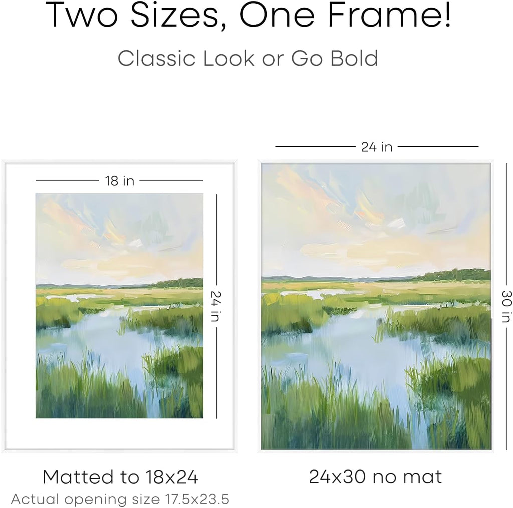 Homeforia 24x30 Poster Frame White, High End Metal 24 x 30 Picture Frames with Mat 18 by 24 inches Photo, 24x30 White Frame Matted to 18x24 Print, 30x24 Large Frame, Tempered Glass, Wall Kit, Set of 1