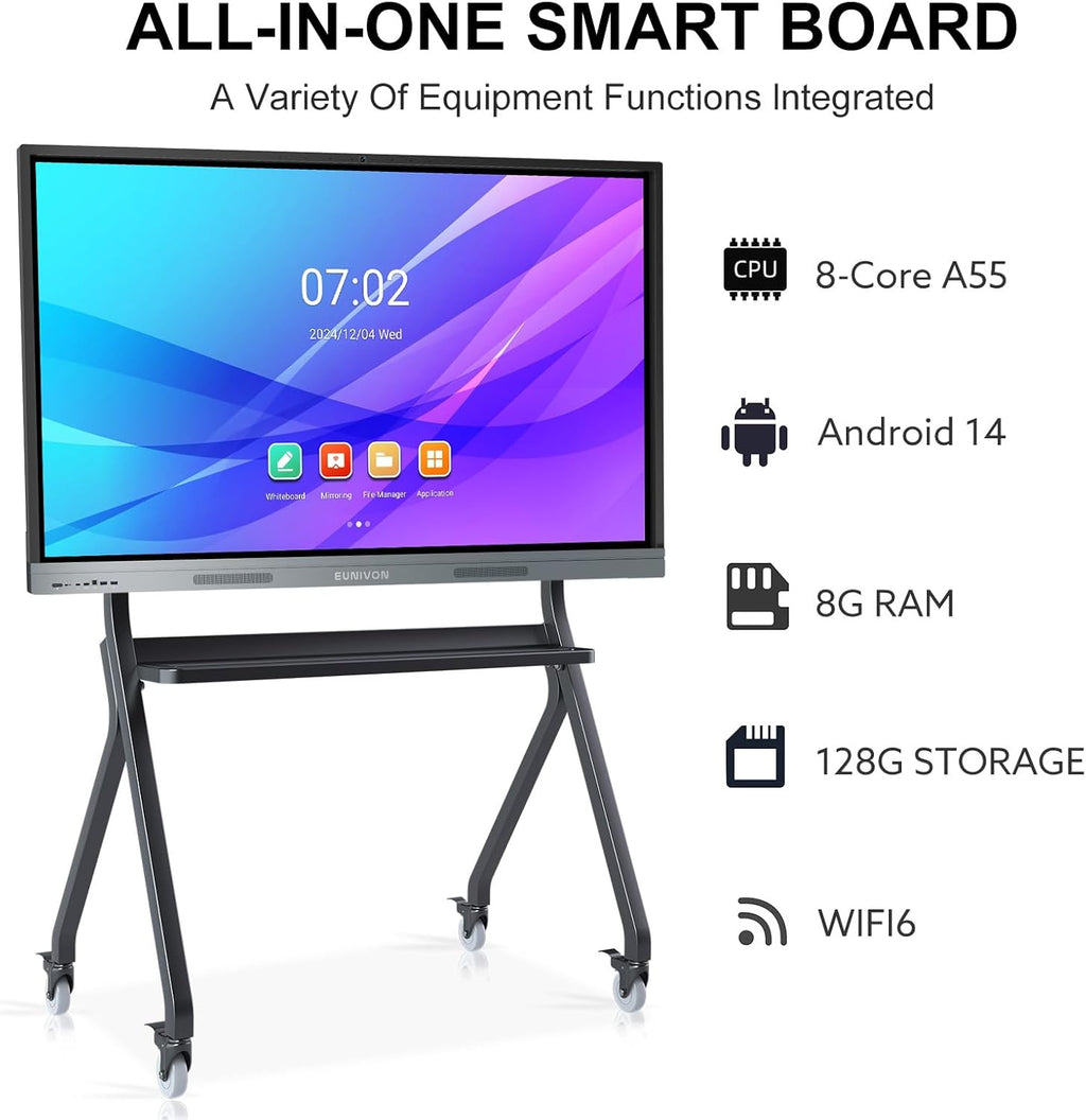 Interactive Whiteboard, 65'' 4K UHD Smart Whiteboard with 13MP Camera, 8+128GB Interactive Touch Screen Smartboard, Smart Board for Classroom and Business (Wall Mount Included)