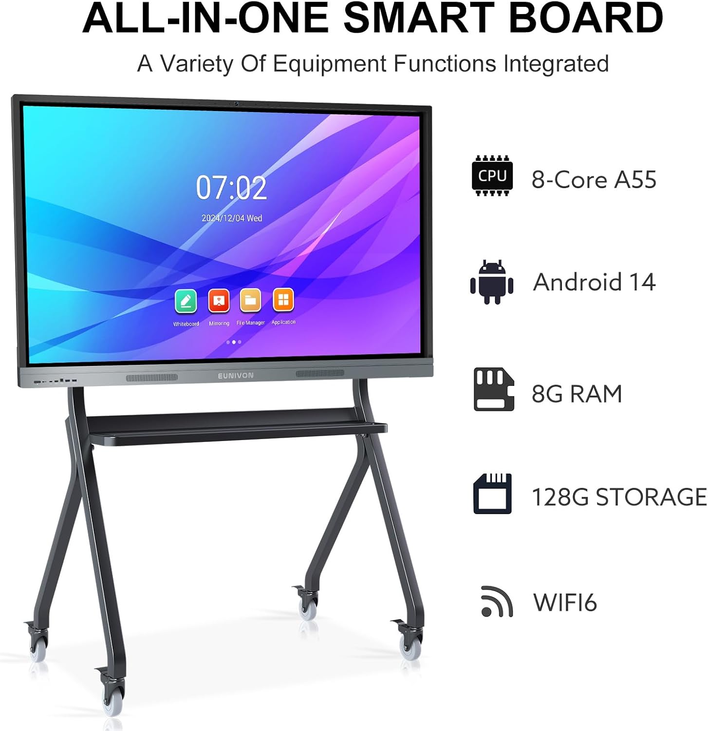 Interactive Whiteboard, 65'' 4K UHD Smart Whiteboard with 13MP Camera, 8+128GB Interactive Touch Screen Smartboard, Smart Board for Classroom and Business (Wall Mount Included)