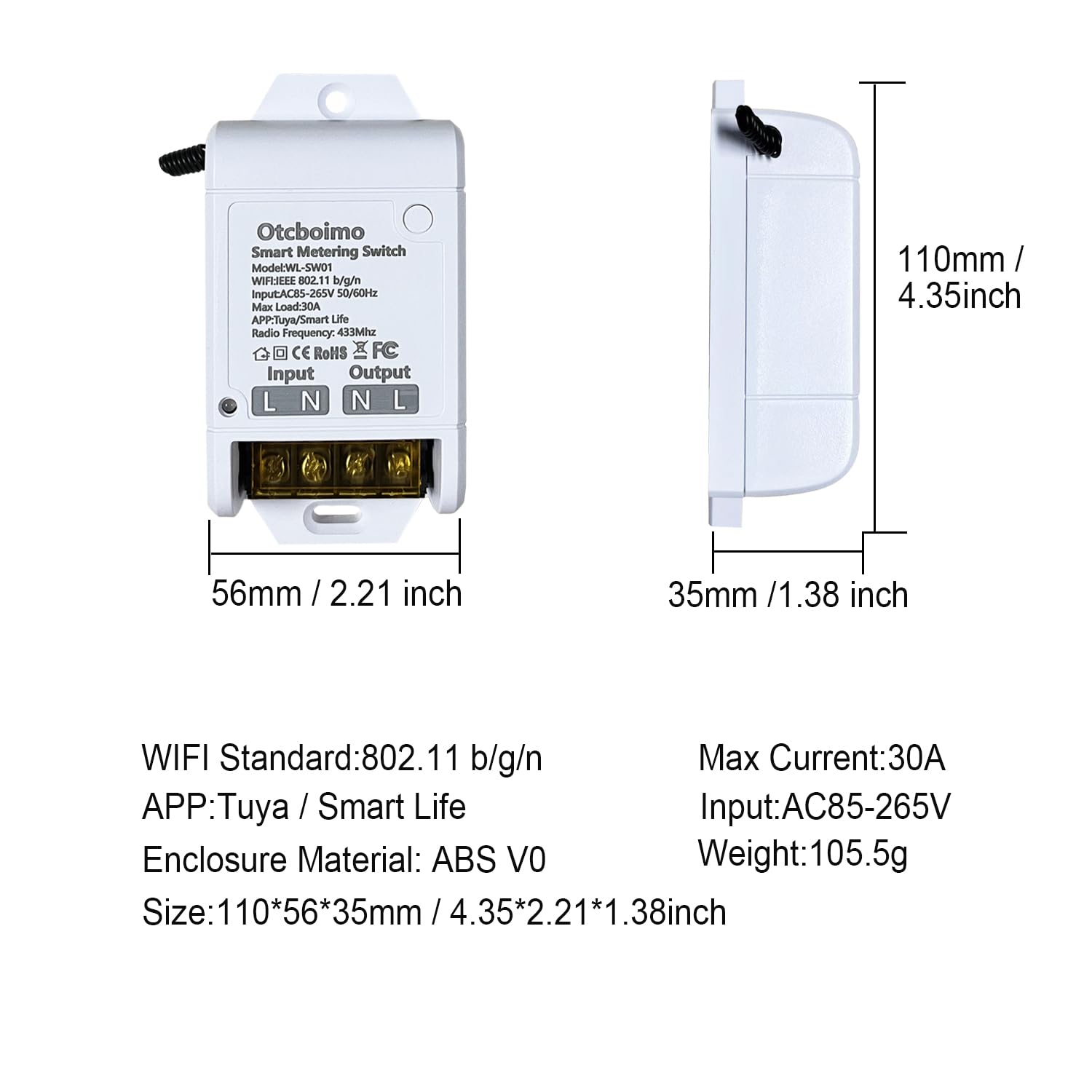 30A Hight Power WiFi Wireless Smart Switch with Energy Monitoring, DIY Switch for Smart Home Automation, Tuya APP Remote Control, Timer, Compatible with Alexa & Google Home
