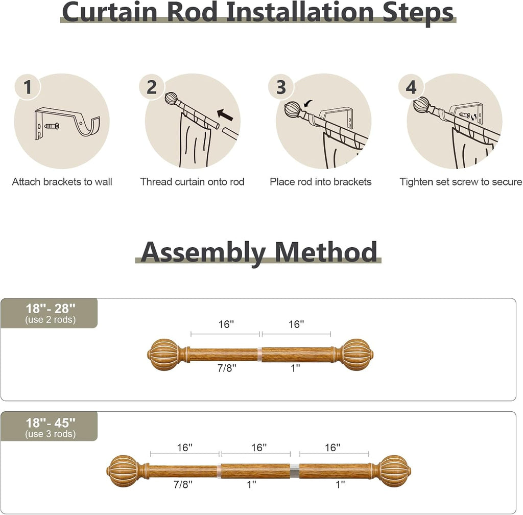 Wood Curtain Rods for Windows 28 to 48 Inch, 1'' Adjustable Heavy Duty Curtain Rod，Vintage Imitation Wood Grain Decorative Drapery Rods with Pumpkin Finials for Bedroom Living Room