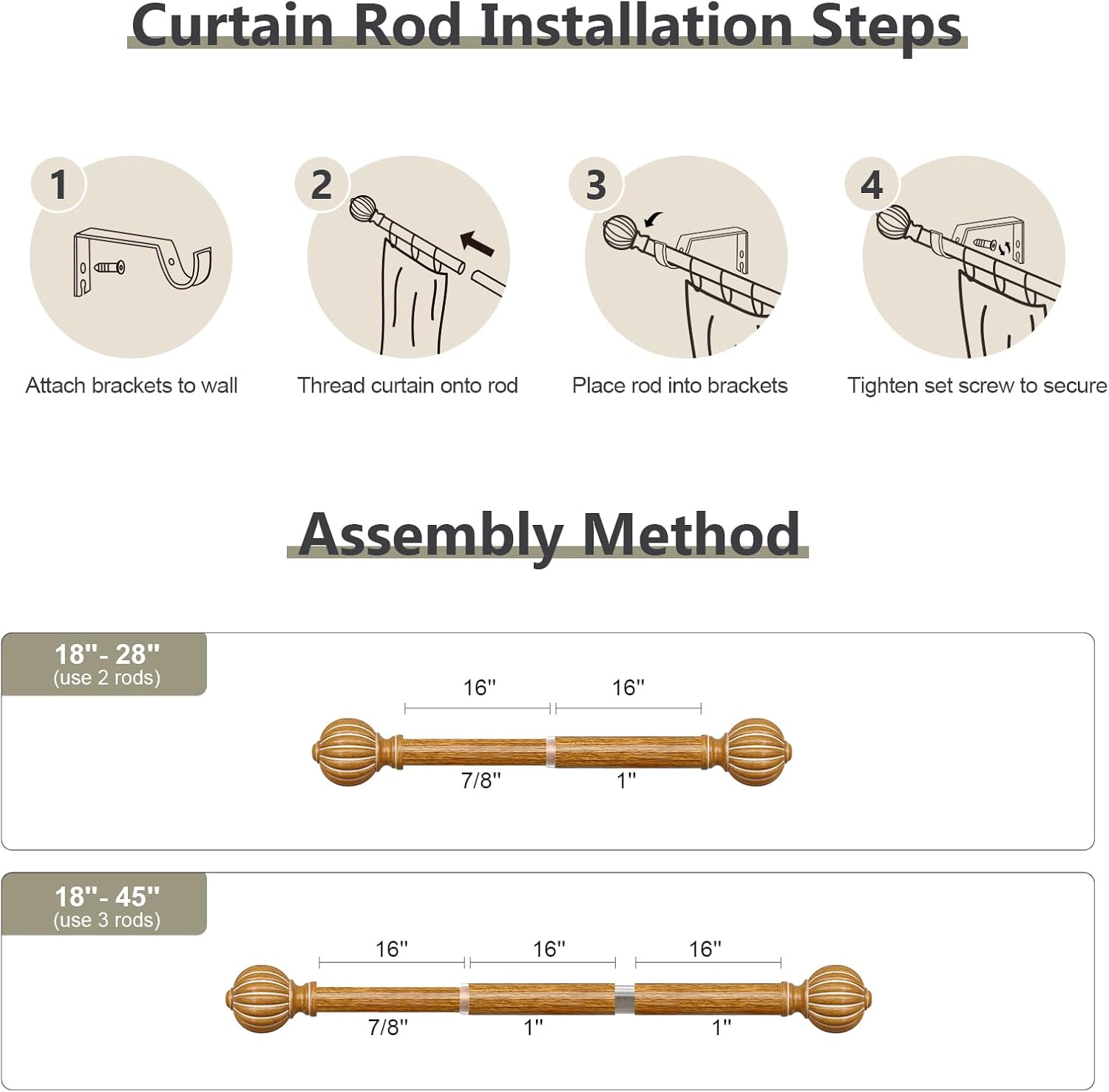 2 Pack Imitation Wood Curtain Rods for Windows 28 to 48 Inch, 1'' Adjustable Heavy Duty Decorative Drapery Rods with Classic Finials, Dark Imitation Wood Window Curtain Pole, Size 18-45''