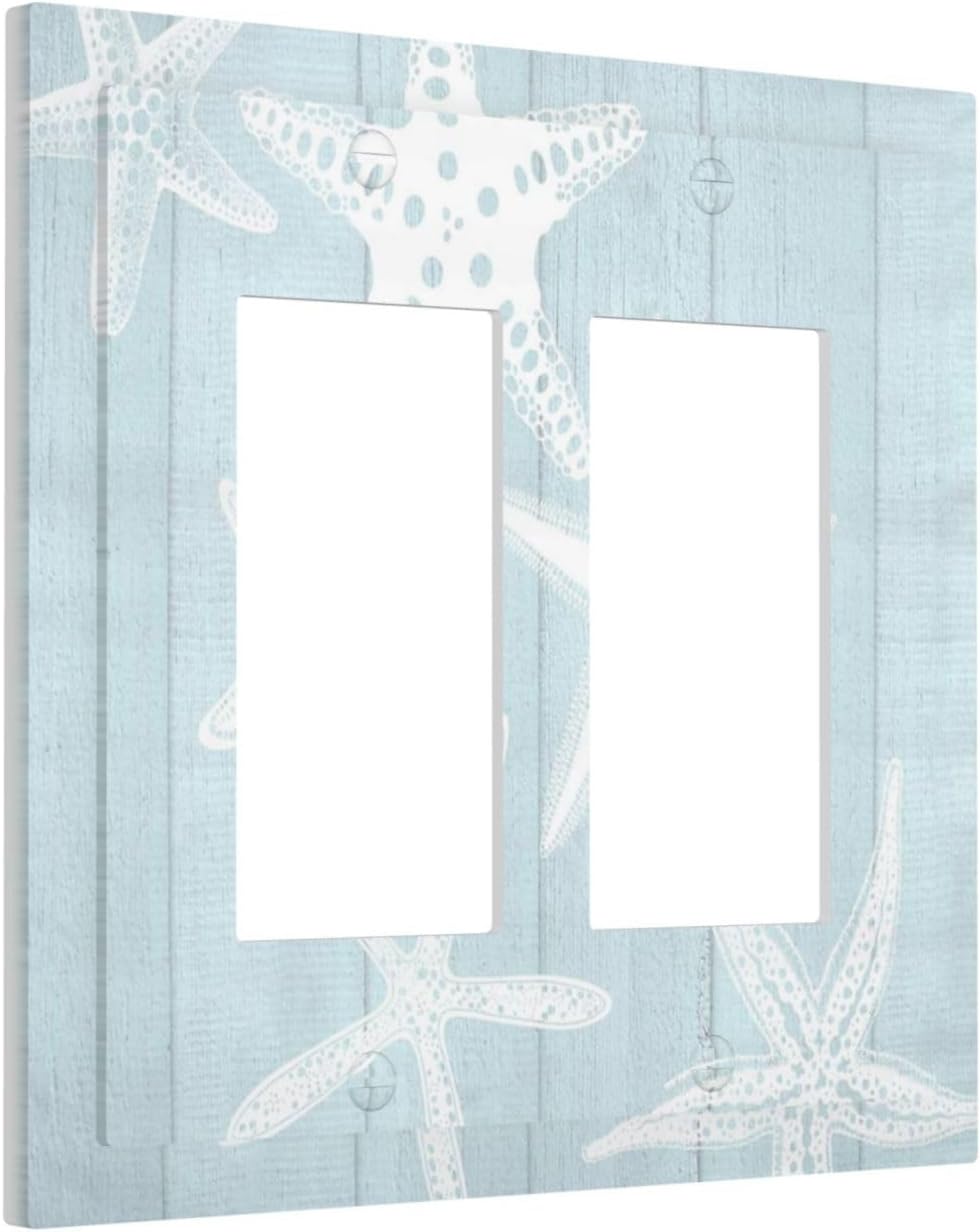 Beach Starfish Vintage Wood Rustic Country Ocean Decorative Outlet Covers 2 Gang Double GFCI Rocker Electrical Wall Panels Light Switch Cover Plate for Farmhouse Kids Room Decor