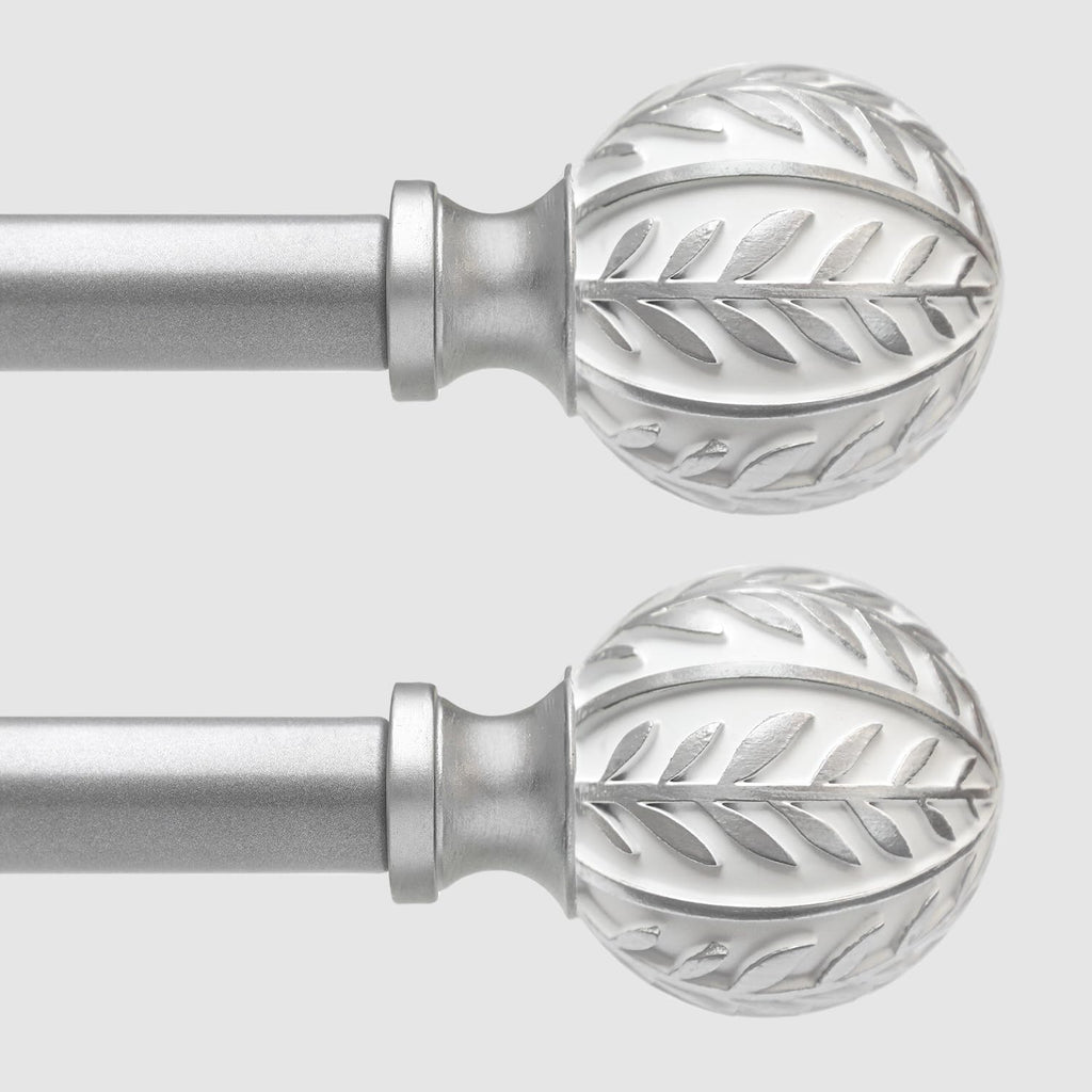 2 Pack Silver Curtain Rods for Windows 28 to 48 inch,1" Adjustable Heavy Duty Window Curtain Rod with Leaf Finials,Rustic Decorative Drapery Rods Set,Size:18-60''