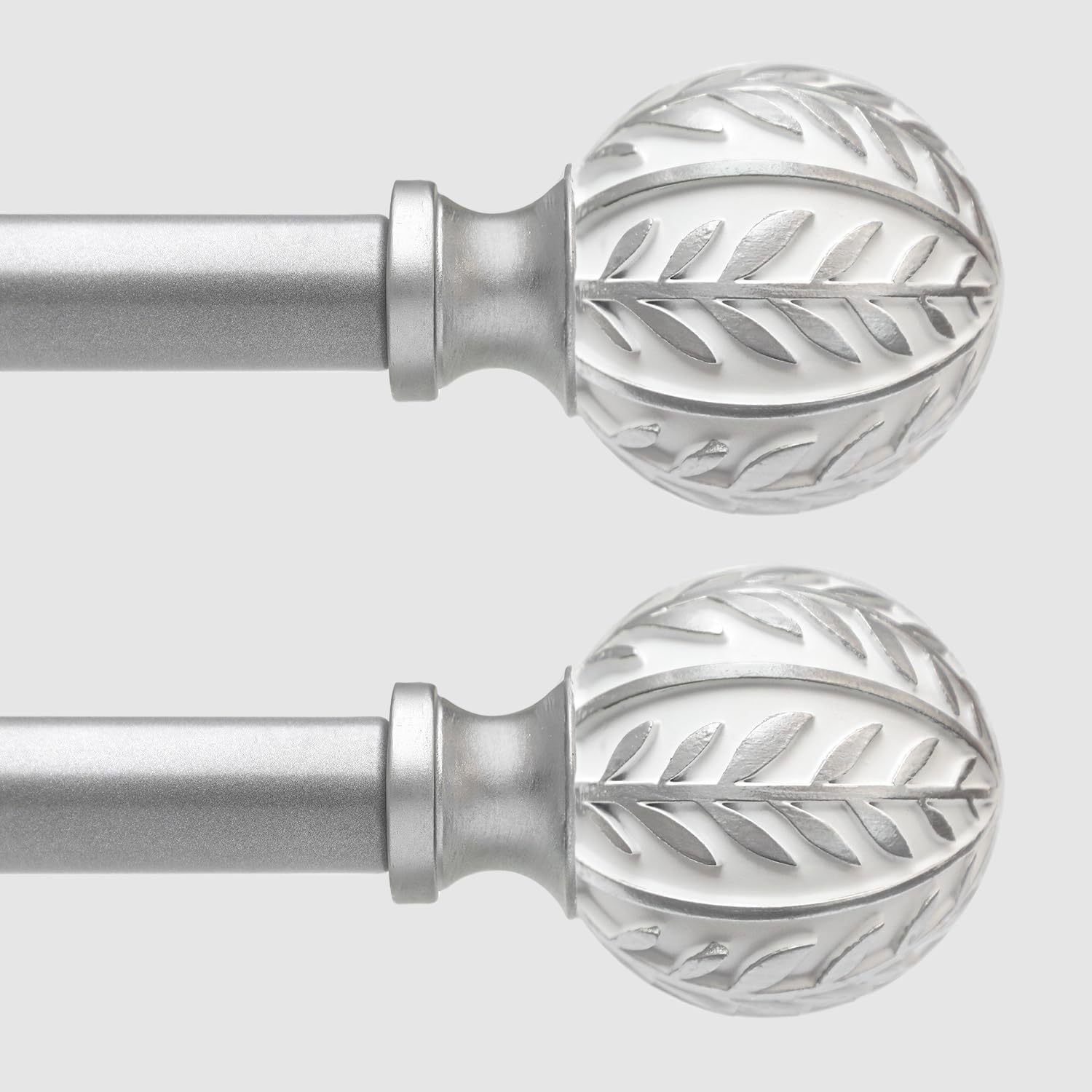 2 Pack Silver Curtain Rods for Windows 48 to 84 inch,1" Adjustable Heavy Duty Window Curtain Rod with Leaf Finials,Rustic Decorative Drapery Rods Set,Size:36-88''