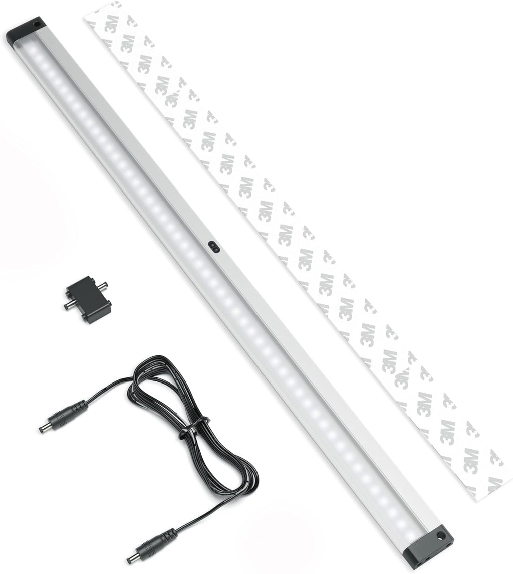 EShine Extra Long 20 inch LED Dimmable Under Cabinet Lighting Strip with Hand Wave Motion Sensor, Black, with Accessories (No Power Supply Included), Cool White (6000K)