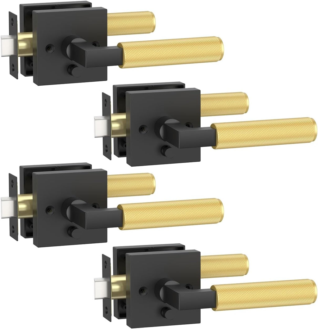 Asidrama 4 Pack Privacy Black and Gold Door Handles, Door Lever with Door Knobs Indoor for Bedroom or Bathroom, Heavy Duty Door Handles Interior with Locks for Left Right Sided Doors