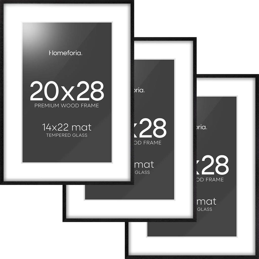 Homeforia 20x28 Black Wood Frame, High End Oak 20x28 Wooden Picture Frames with Mat 14x22 Photo, 20 x 28 Poster Frame Matted to 14 by 22 Print, 28x20 Hanging Frames, Tempered Glass, Wall Kit, Set of 3