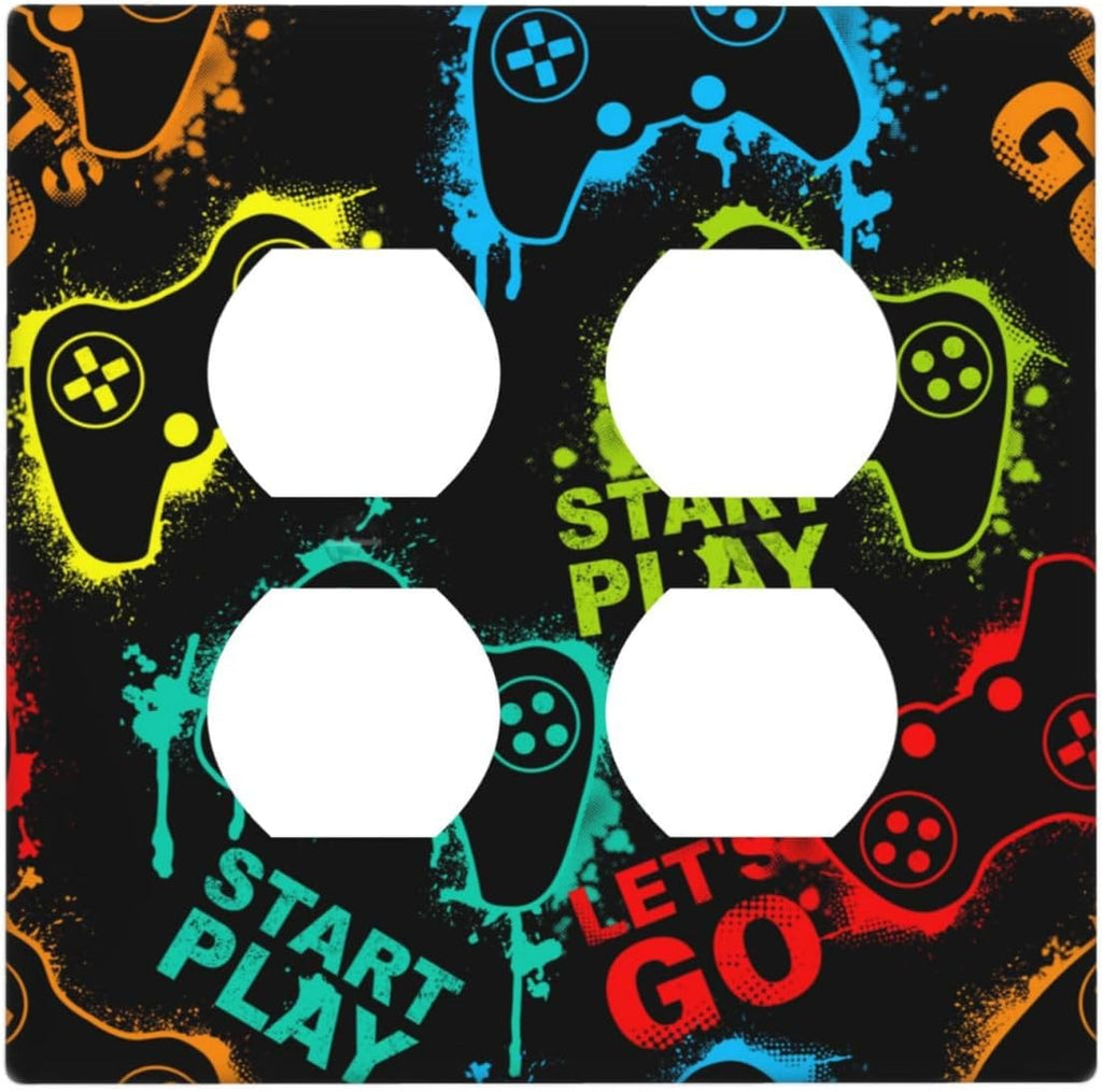 Decorative Outlet Covers Gamepad Theme Graffiti 2 Gang Wall Plate Double Duplex Light Switch Cover Switch Plate Covers Faceplate for Game Room Bedroom Home Decor