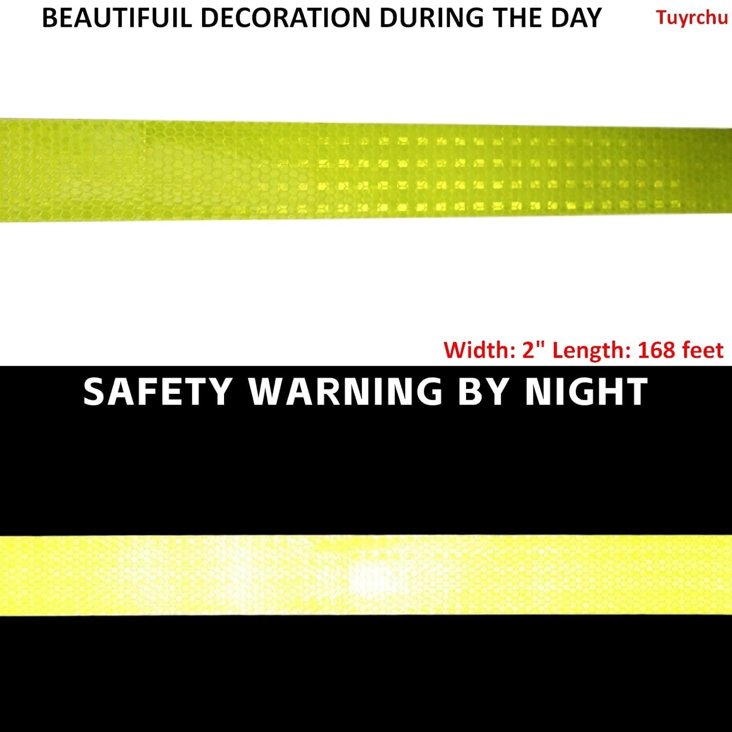 Fluorescent Yellow Reflective Tape Outdoor Waterproof 2 inch Wide, High Visibility Warning Safety Industrial Marking Tape (168 feet)