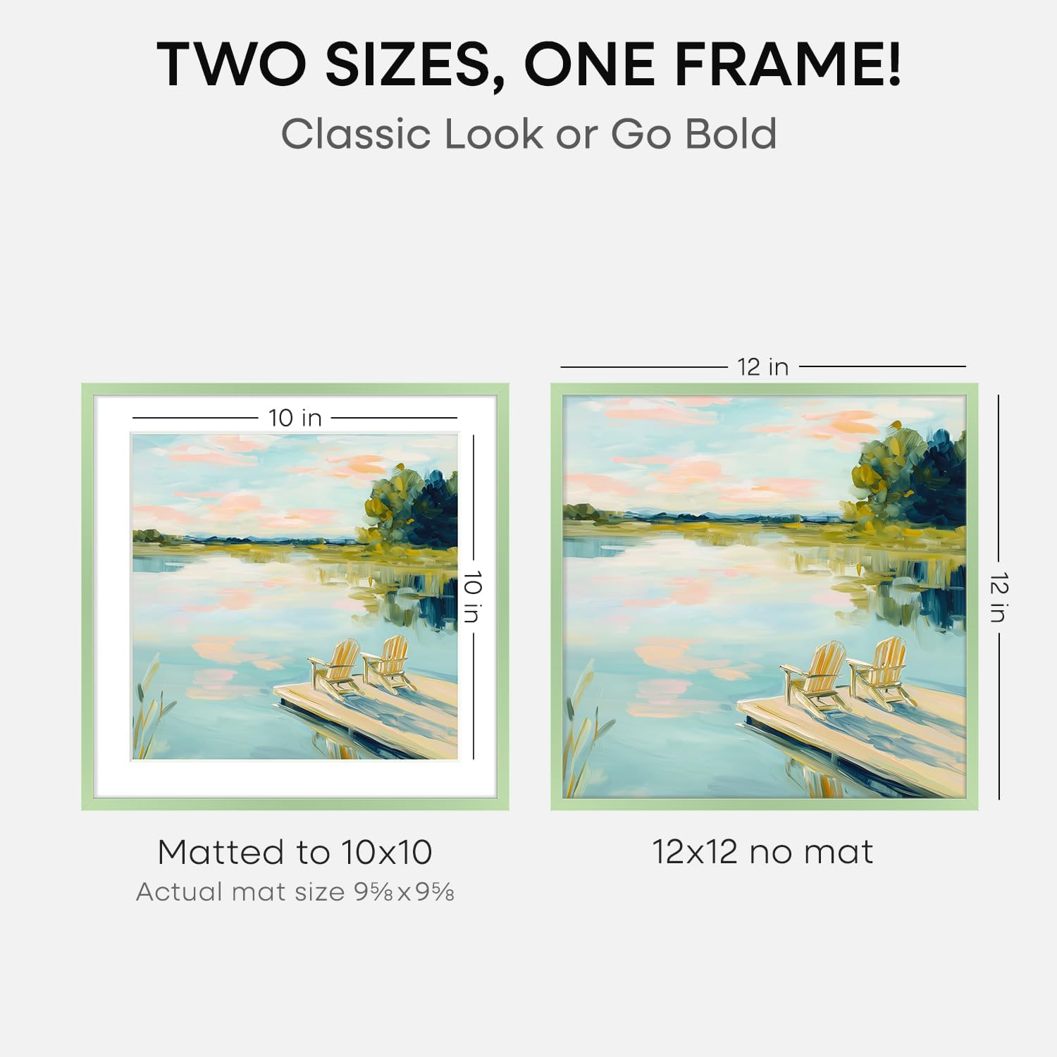 Homeforia 12x12 Picture Frame Sage Green, High End Metal 12 x 12 Square Poster Frame with Mat 10 x 10 Photo, 12x12 Frame Matted to 10x10 Print, 12by12 Hanging Frame, Tempered Glass, Wall Kit, Set of 2