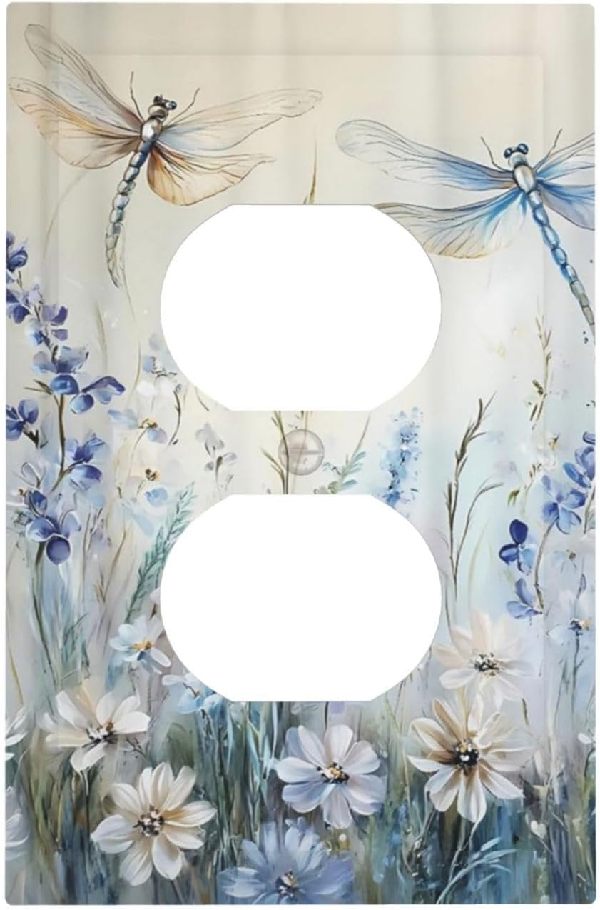 Decorative Outlet Covers Watercolor Dragonfly Blue Wihte Flower 1 Gang Duplex Light Switch Cover Plate Unique Wall Plates for Electrical Outlets Switch Plate Covers for Bedroom Home Decor