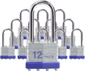 Laminated Steel Keyed Padlocks, 12 Pack, Blue, Keyed Alike, Long Shackle, 1-9/16" (40mm), For Hasp Latch, Sheds, Fences, Storage Locker, School, Gym