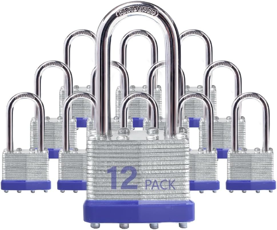 Laminated Steel Keyed Padlocks, 12 Pack, Blue, Keyed Alike, Long Shackle, 1-9/16" (40mm), For Hasp Latch, Sheds, Fences, Storage Locker, School, Gym