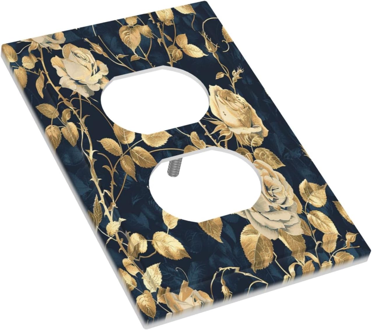 Outlet Covers Boho Vintage Floral Golden Flower Dark Blue Background 1 Gang Duplex Wall Plate Decorative Switch Plates Electrical Receptacle Faceplate Light Switch Cover for Bedroom