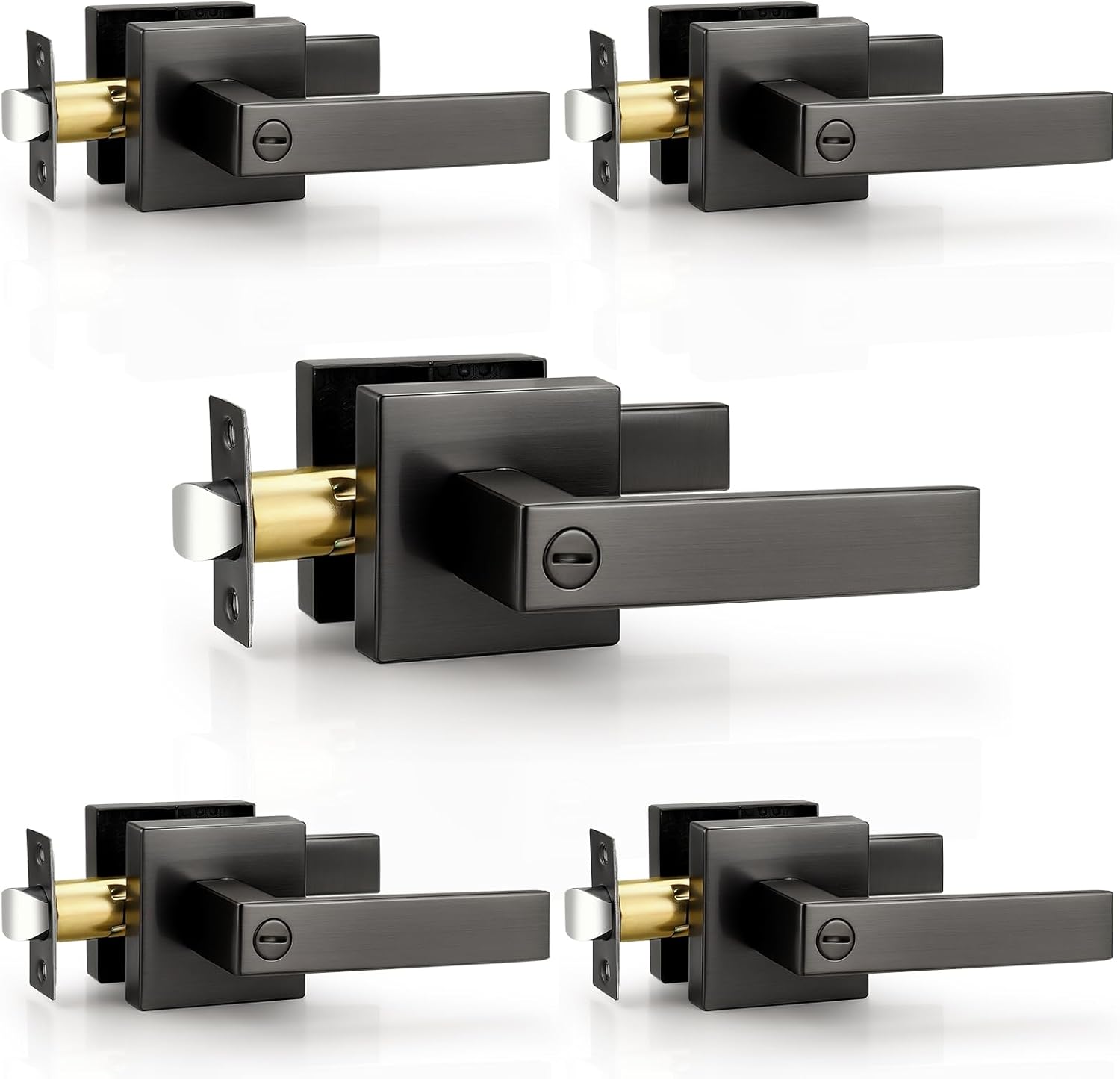Probrico Interior Privacy Gunmetal Black Door Handles 5 Pack, Grey Bed & Bath Door Levers with Lock, Reversible for Right & Left Side