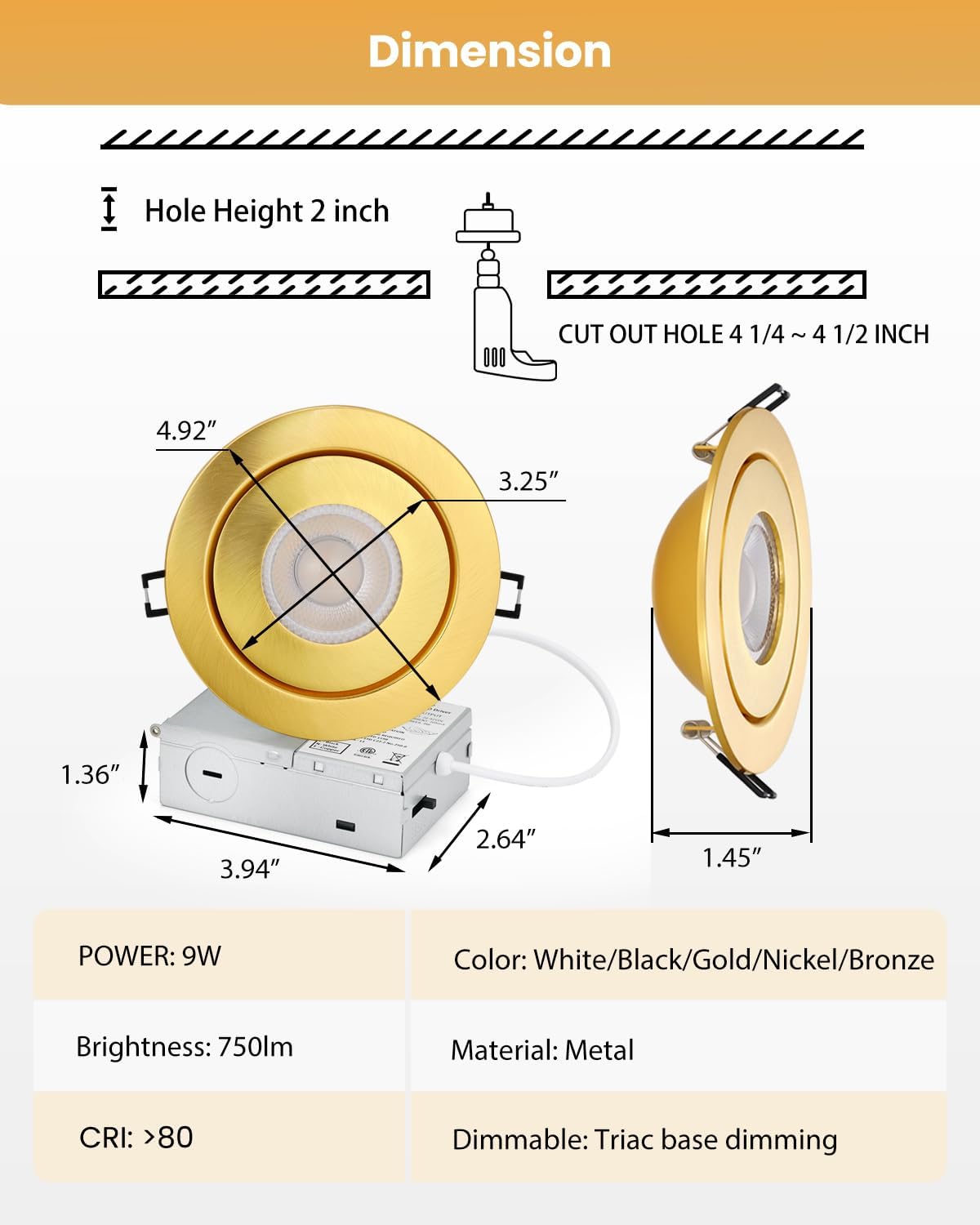 4 inch LED Recessed Light - 9W Gold Gimbal Recessed Lighting Canless Soffit Swivel Eyeball 90° Tilt Wafer Slope Ceiling Adjustable Spotlight Dimmable for Accent Lighting Gold 6 Pack
