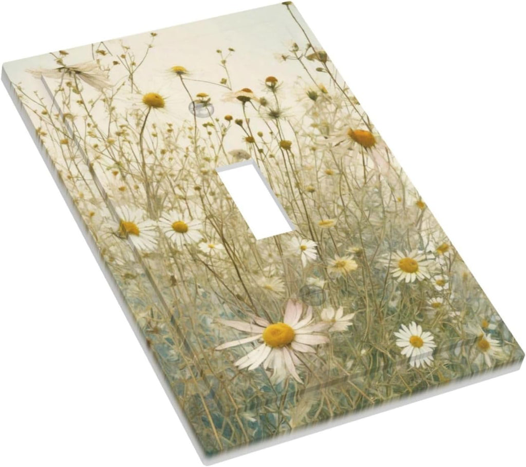 White Wildflowers Daisy Vintage Floral Decorative Light Switch Cover 1 Gang Single Toggle Device Electrical Faceplate Switchplates Decorator Outlet Wall Plate for Bed Room Living Room Decor