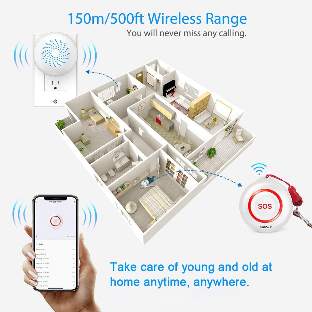 SINGCALL Caregiver Pager Panic Button Emergency Call Button for Elderly Alarm Bell Medical Alert Calling System for Seniors Waterproof Tuya Smart 1 SOS Button 1 Plugin Receiver (only 2.4GHz WiFi)