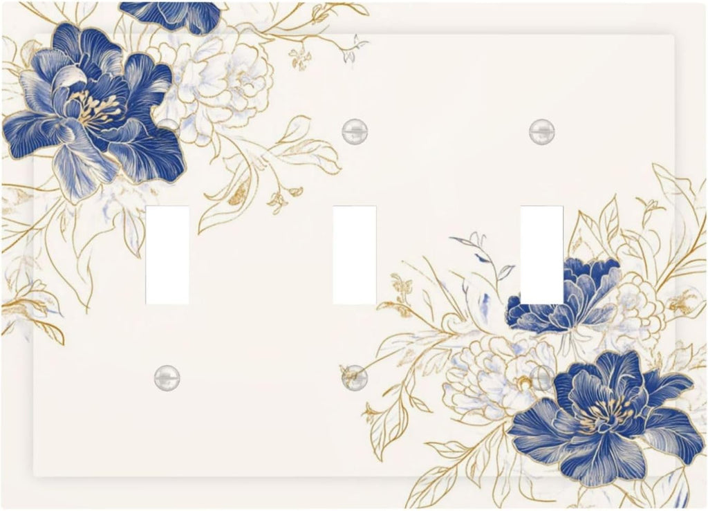 Decorative Light Switch Cover Plate Rustic Blue Flower Floral Gold Leaf 3 Gang Wall Plates for Electrical Outlets Triple Toggle Switch Plate Covers Outlet Covers Faceplate for Home Decor
