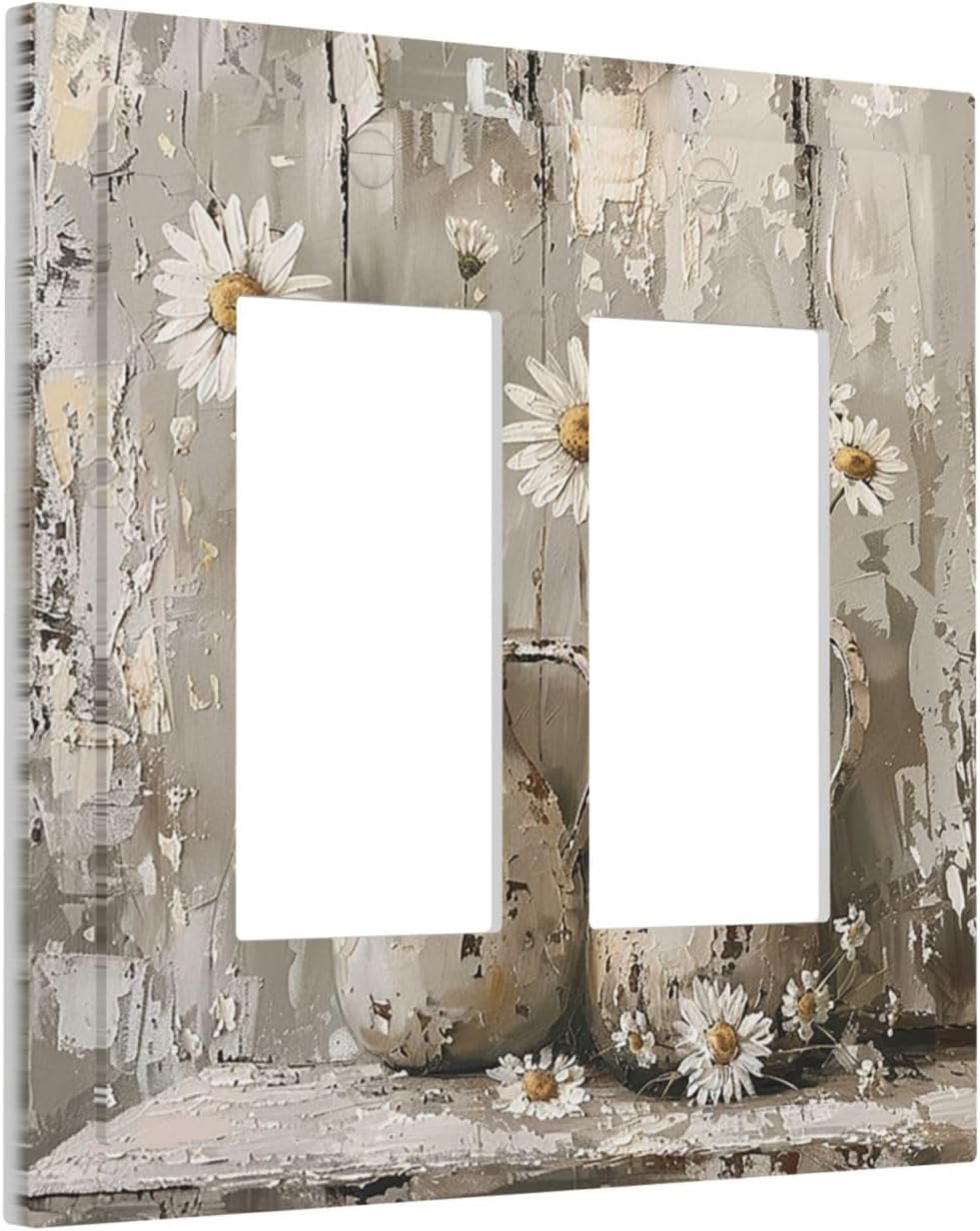 Decorative Outlet Covers Vintage Rustic Floral White Daisy Flower Oil Painting Style 2 Gang Double GFCI Rocker Electrical Wall Panels Light Switch Cover Plate for Home Farmhouse Decor