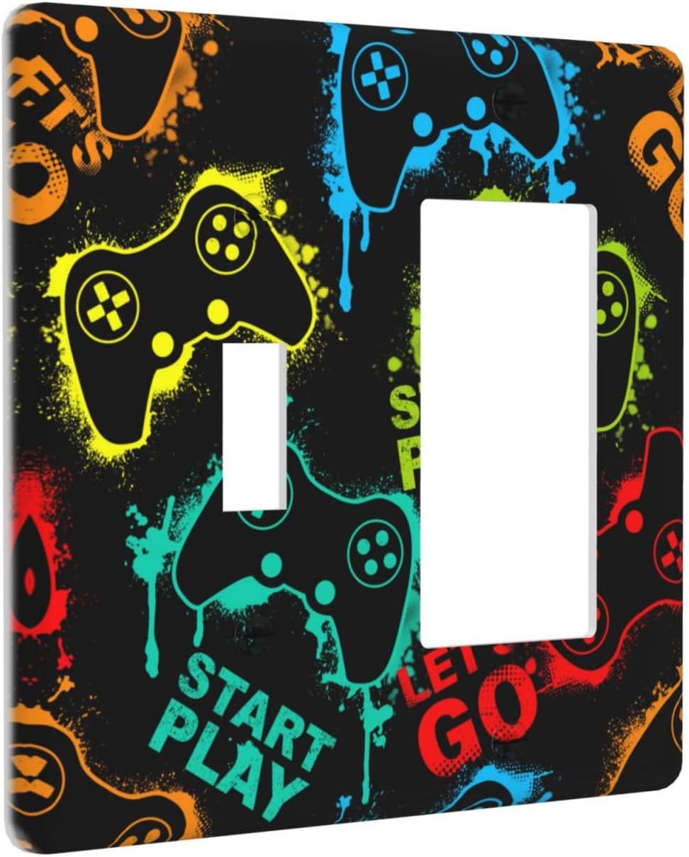 Decorative Outlet Covers Gamepad Theme Graffiti 2 Gang Wall Plate Single Toggle 1 Rocker Light Switch Cover Switch Plate Covers Faceplate for Game Room Bedroom Home Decor