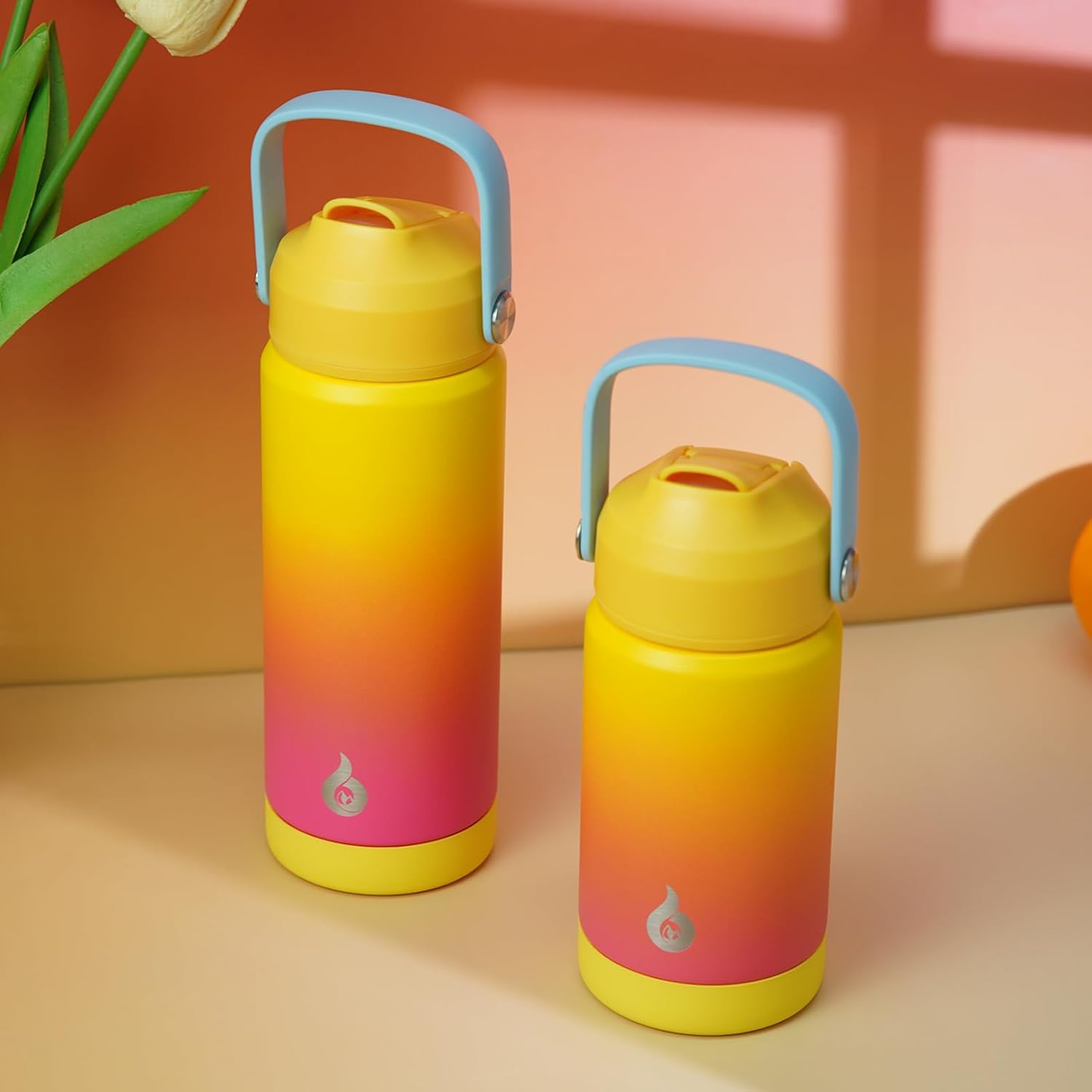 BJPKPK Insulated Water Bottle with Straw Lid, 12oz Thermo Water Bottles with Soft Nozzle, Flex Handle & Non-slip Boot, BPA Free Leak Proof Stainless Steel Metal Thermo, Tumblers, Cups,Rainbow