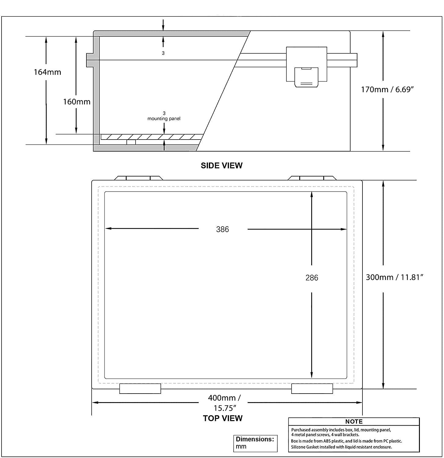 Co. ABS 11.81" x 15.7" x 6.7" Waterproof IP67 Hinged Electronics Distribution Box with Mounting Plate and Wall Brackets