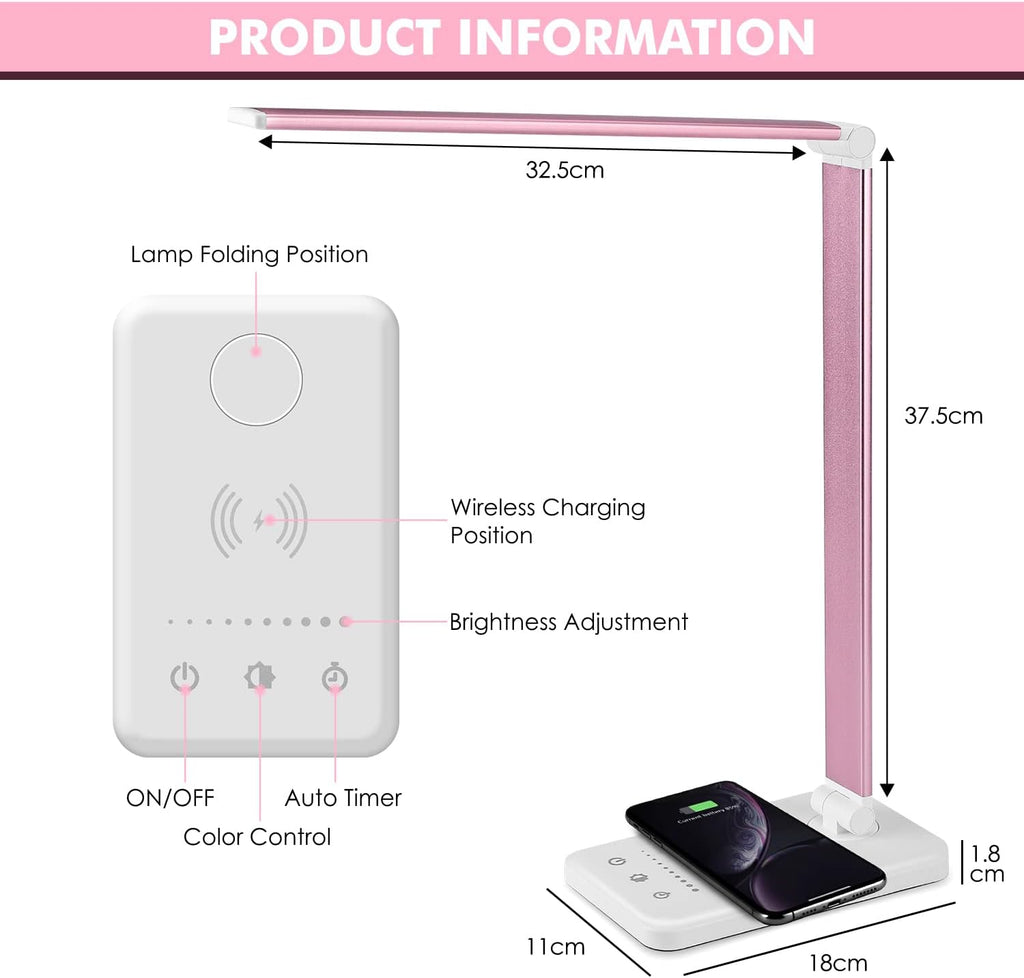 LED Desk Lamp with Wireless Charger, USB Charging Port, Desk Lighting with 10 Brightness, 5 Color Modes, Dimmable Eye Caring Reading Desk Lamps for Home Office, Touch Control, Auto Timer, Pink
