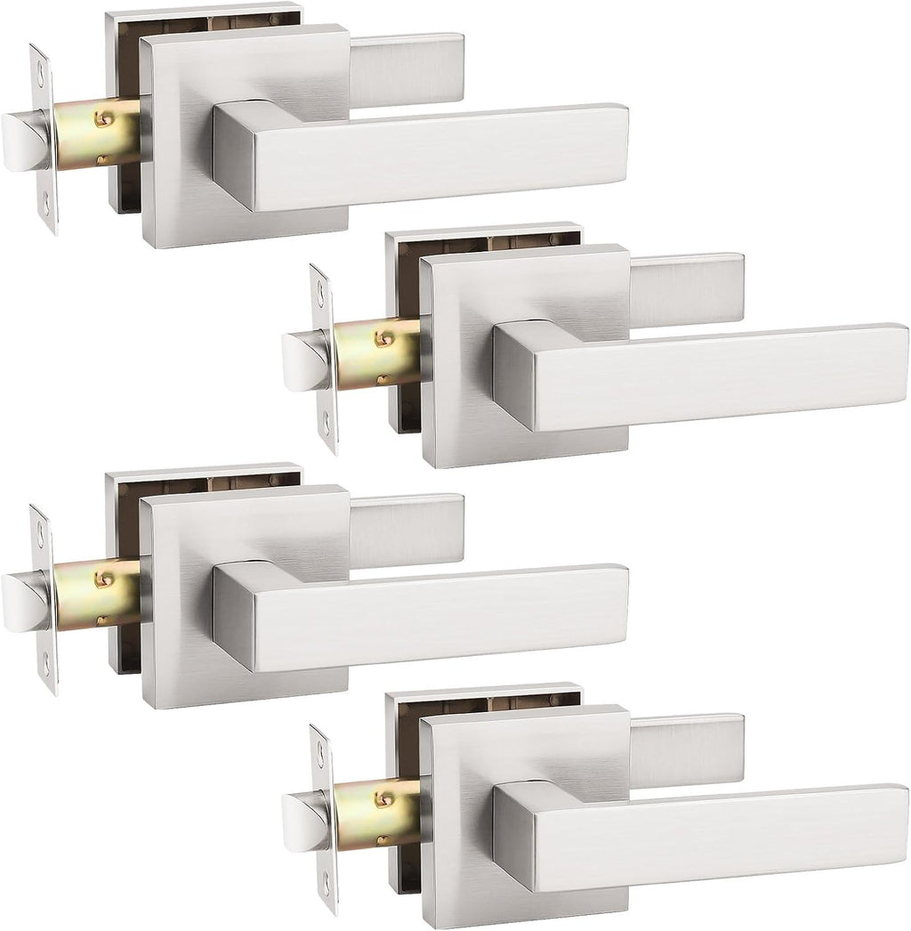 KNOBWELL 4 Pack Brushed Nickel Interior Door Handle, Heavy Duty Square Door Handle Set Passage Door Levers for Closet Hallway(No Lock)