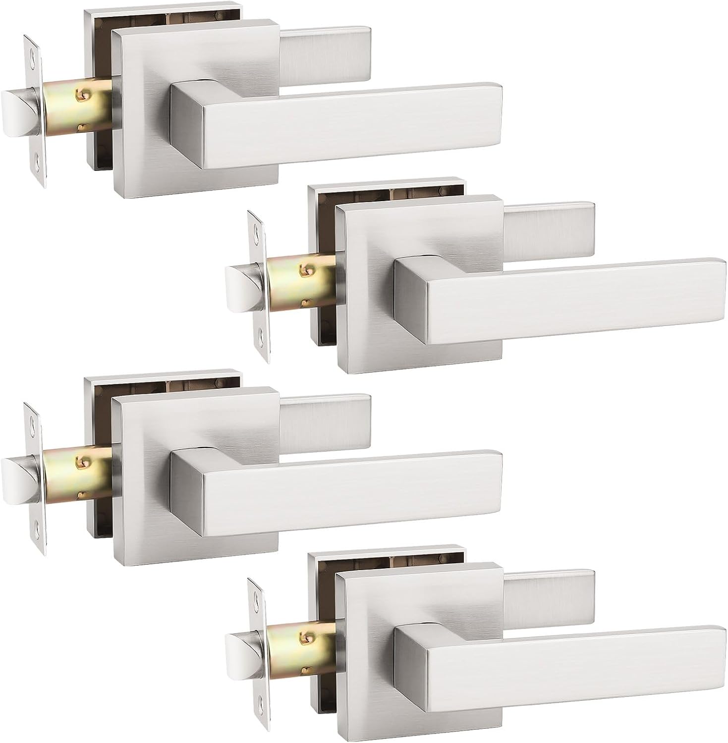 KNOBWELL 4 Pack Brushed Nickel Interior Door Handle, Heavy Duty Square Door Handle Set Passage Door Levers for Closet Hallway(No Lock)