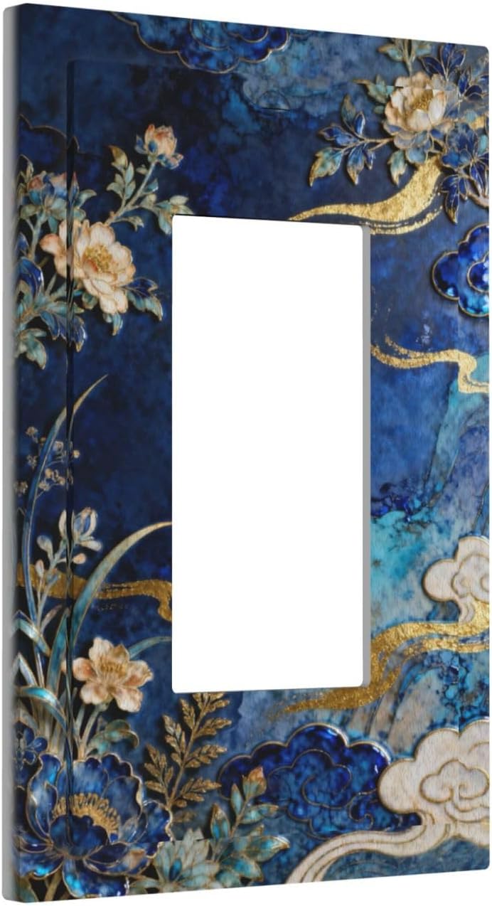 Decorative Outlet Covers Blue White Flower Gold Line Cloud 1 Gang Rocker Light Switch Cover Plate Single Wall Plates for Electrical Outlets Switch Plate Covers Faceplate for Home Decor