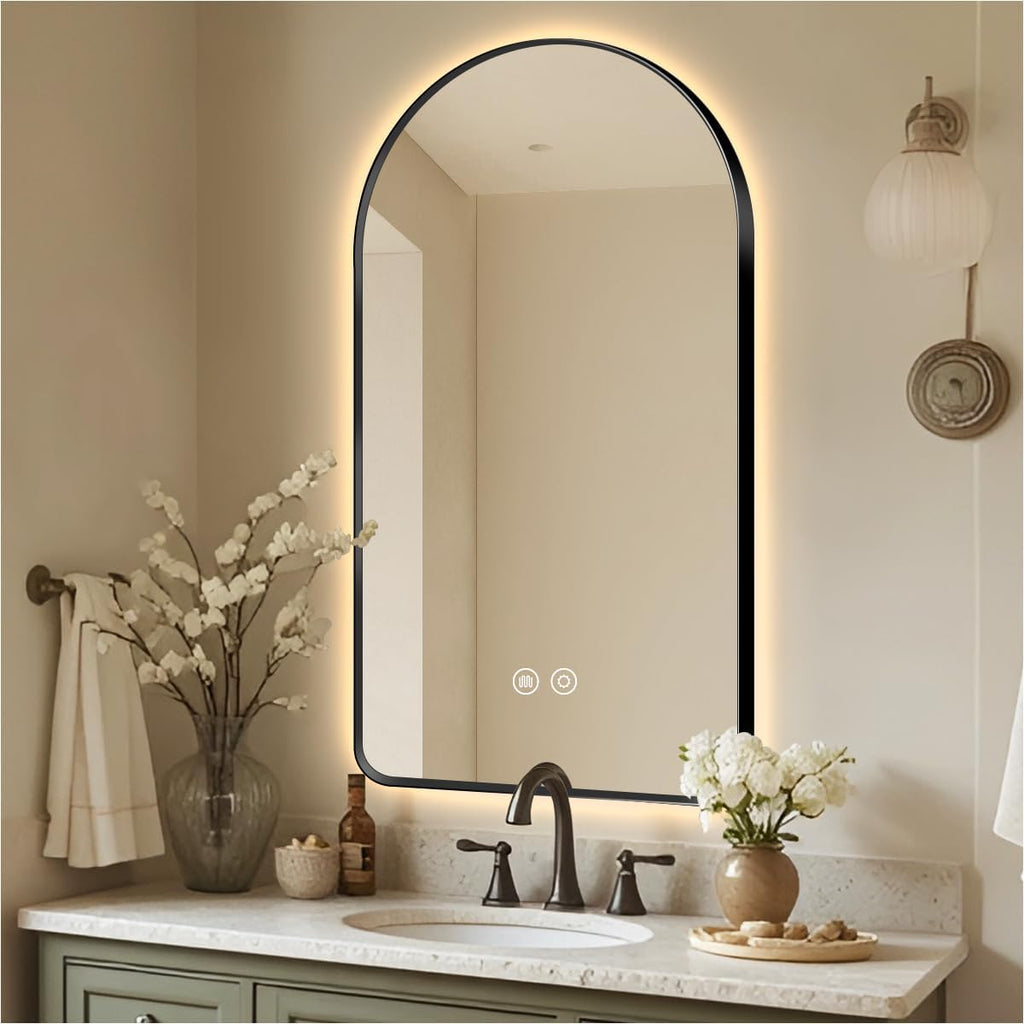 36" x 24" Arched LED Bathroom Mirror, Black Framed, Backlit Vanity Mirror with Lights, Wall Mounted Lighted Mirror, Dimmable 3-Color Shatter-Proof Arch Smart Mirror, UL-Listed, CRI≥93
