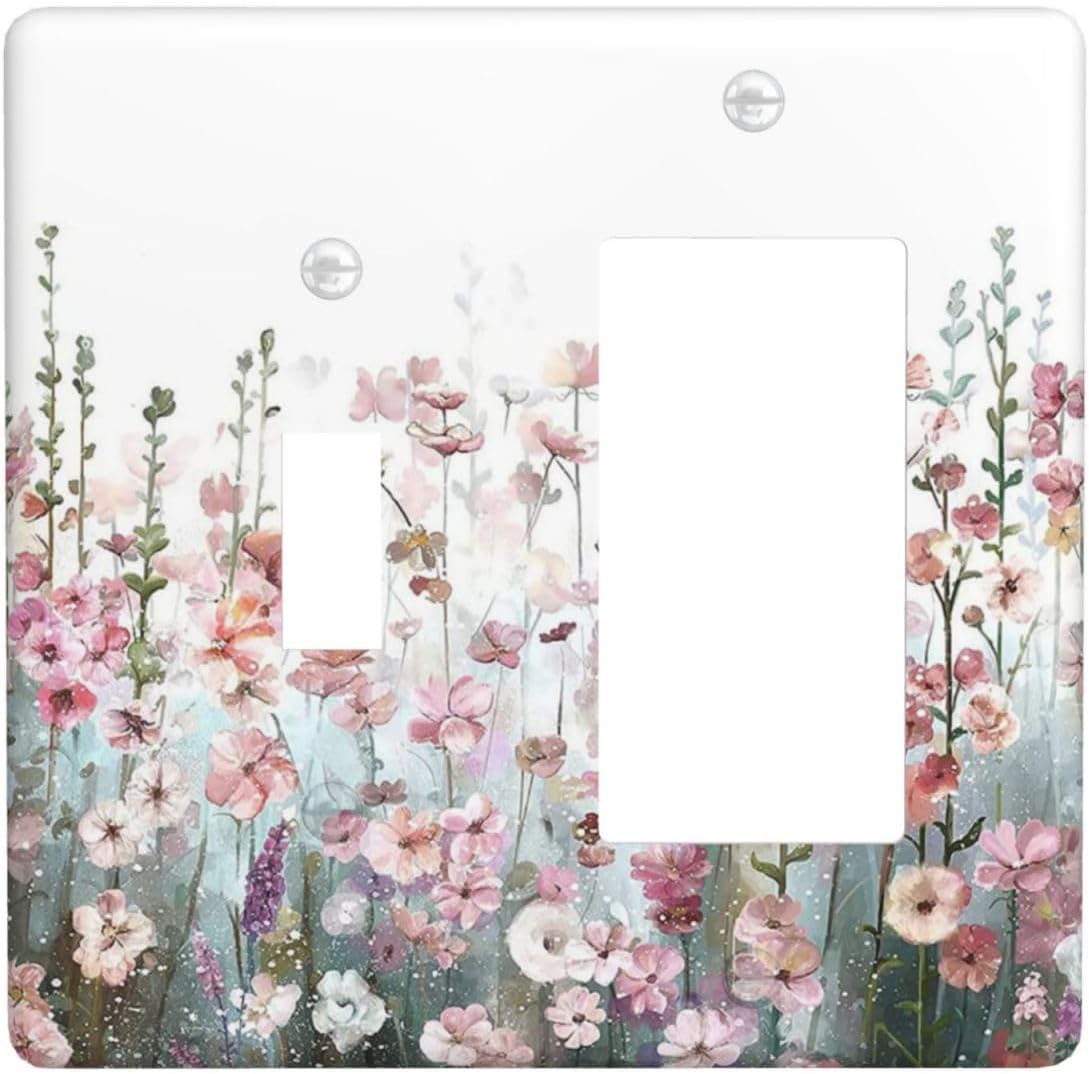 Colorful Flowers Pink Floral Watercolor Plant Outlet Covers 1 Toggle 1 Rocker Combination Decorative Wall Plate Electrical Switch Plates Light Switch Cover Plate for Bed Room Living Room Decor