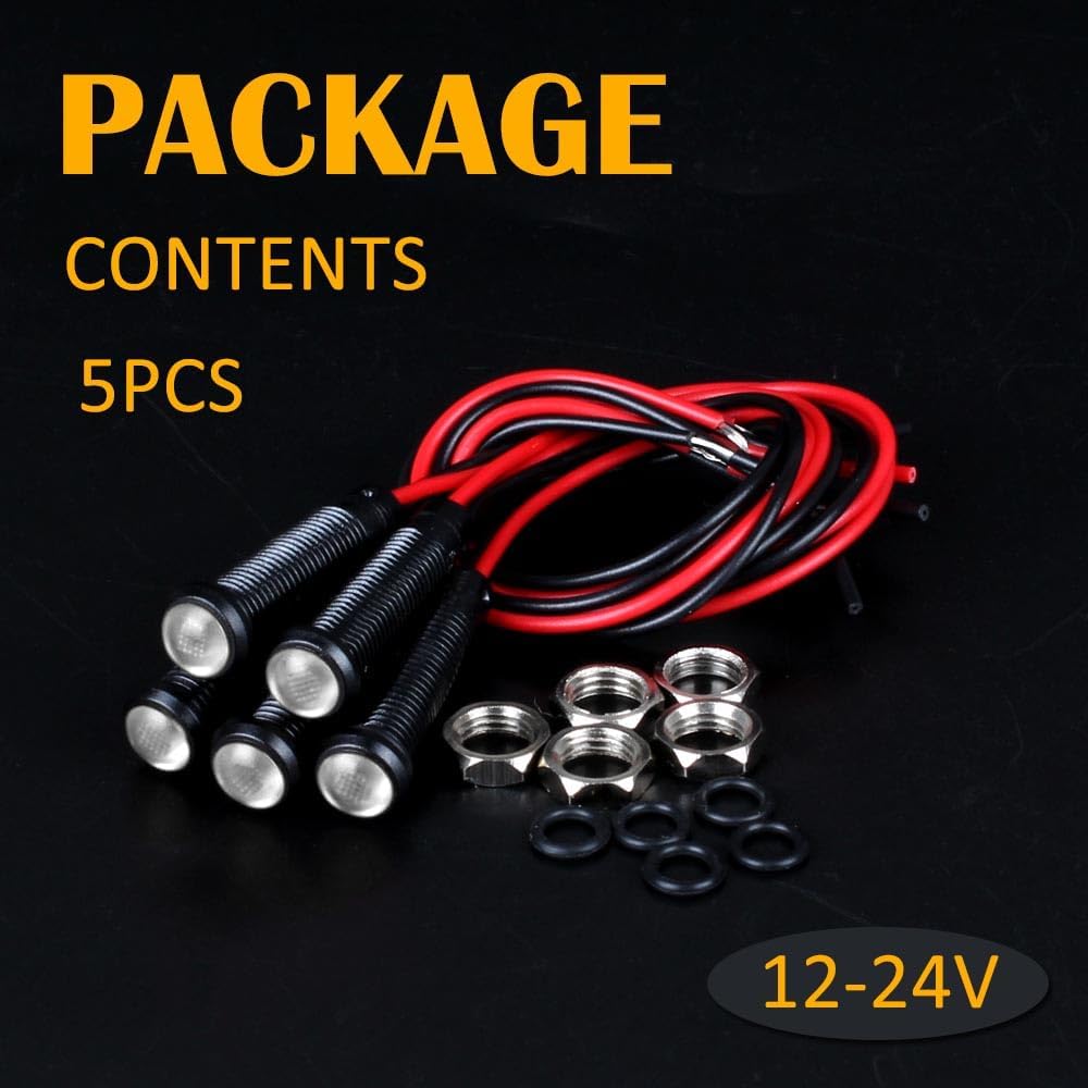 5pcs 6mm LED Indicator Light Plastic Black Signal Dot Lamp 12V-24V 1/4" Mounting Hole Size with 15cm/5.9in. Wire (White LED)