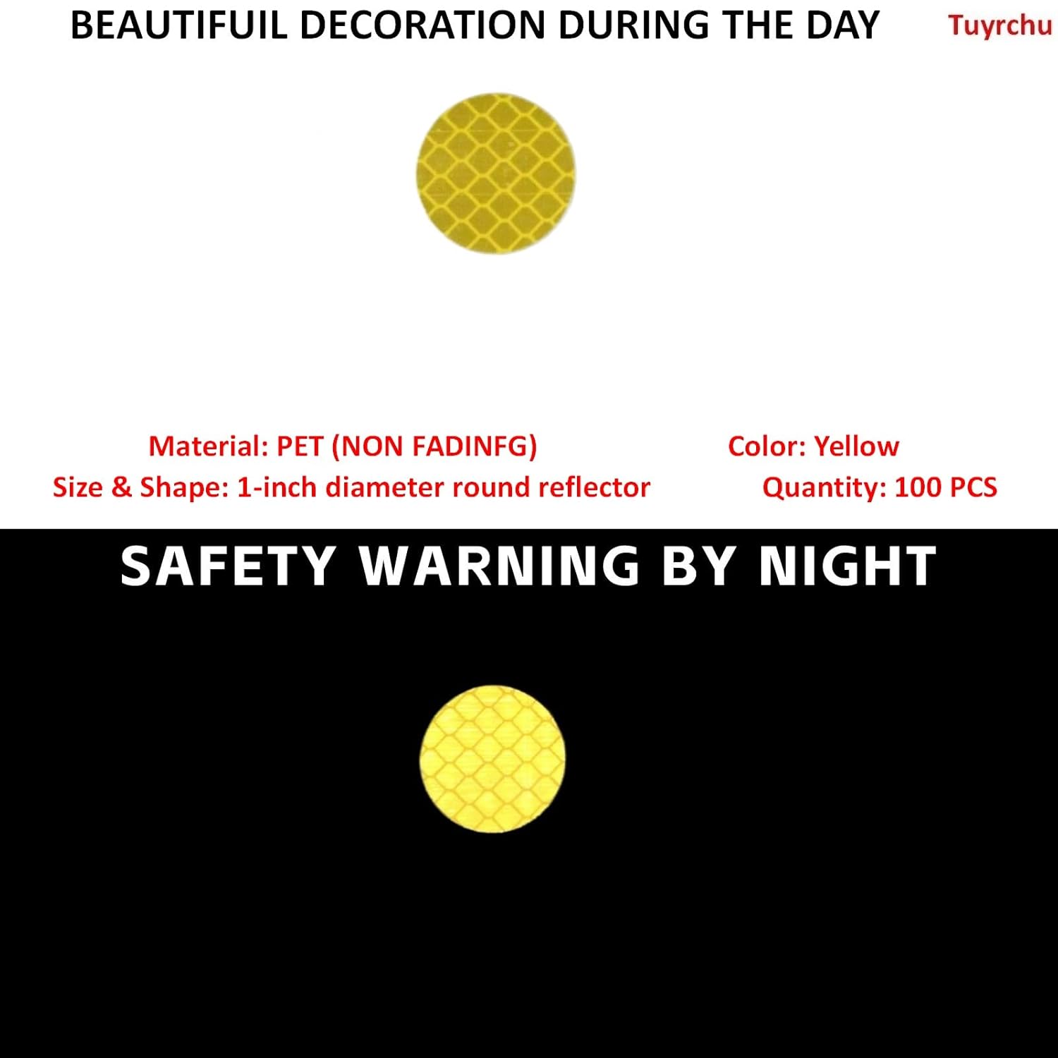Non Fading Yellow Reflective Stickers 1-inch Diameter Round Reflector, Outdoor Waterproof High Visibility Warning Adhesive Tape (100 Pcs)