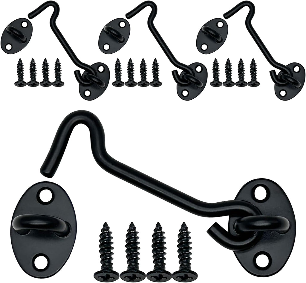 4-Pack 4Inch Door Lock Gate Latch Premium Stainless Steel Hook and Eye Gate Latch Cabin Hook with 16pcs Screws, Black