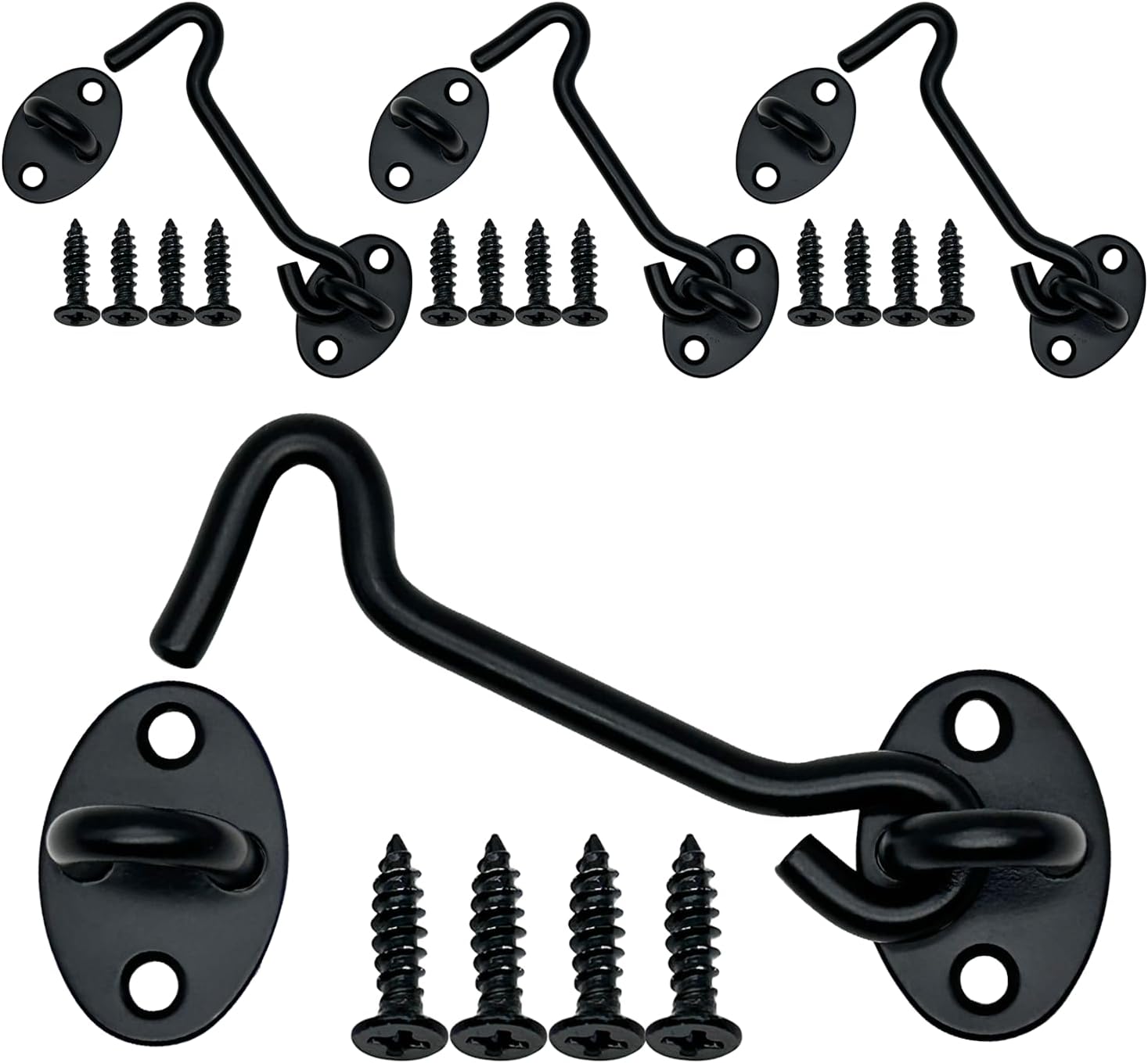 4-Pack 4Inch Door Lock Gate Latch Premium Stainless Steel Hook and Eye Gate Latch Cabin Hook with 16pcs Screws, Black