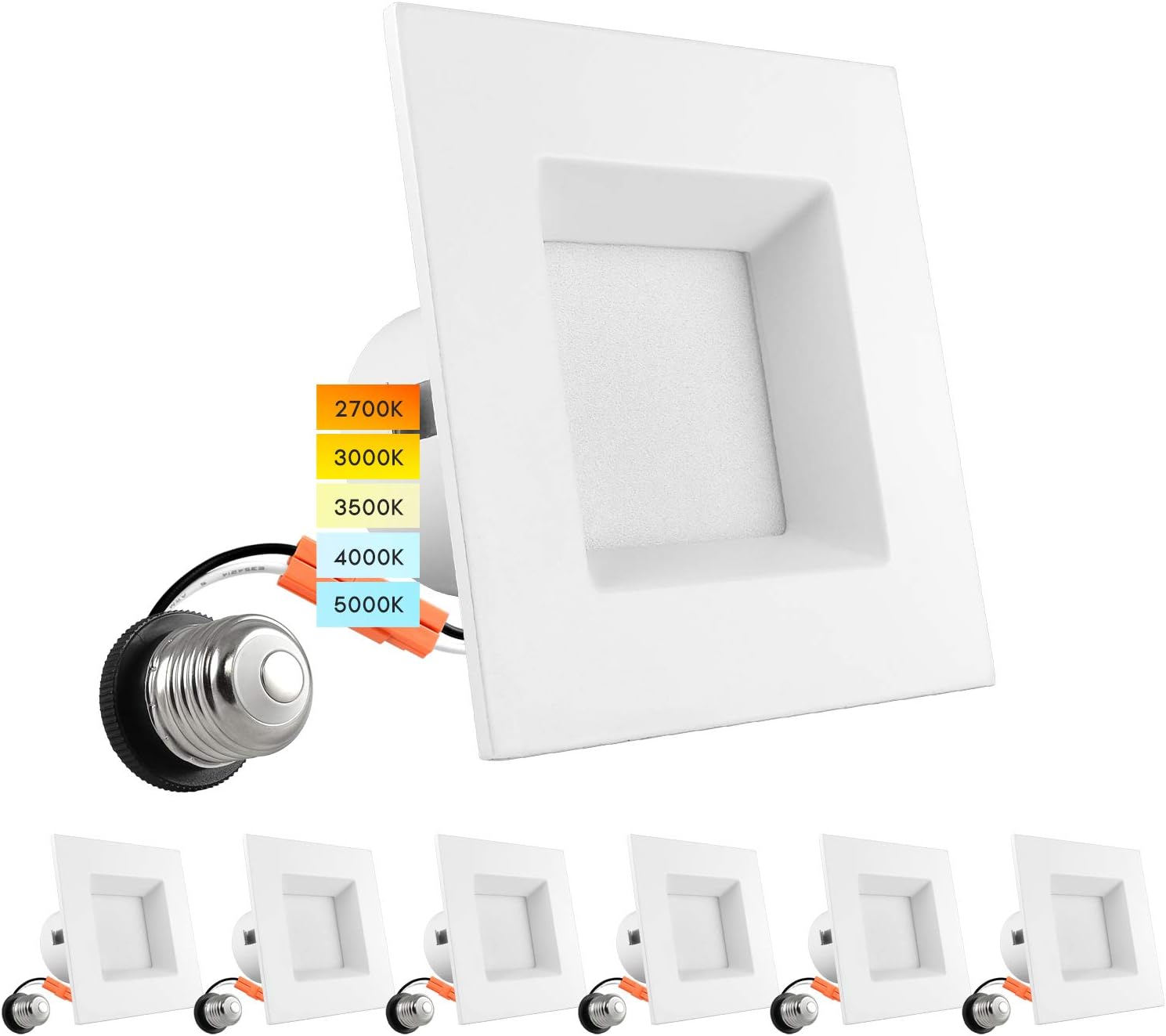 LUXRITE 4 Inch Square Recessed LED Can Lights, CCT Color Temperature Selectable 2700K | 3000K | 3500K | 4000K | 5000K, Dimmable Recessed Lights, 750 Lumens, CRI 90, Energy Star, Wet Rated (6 Pack)
