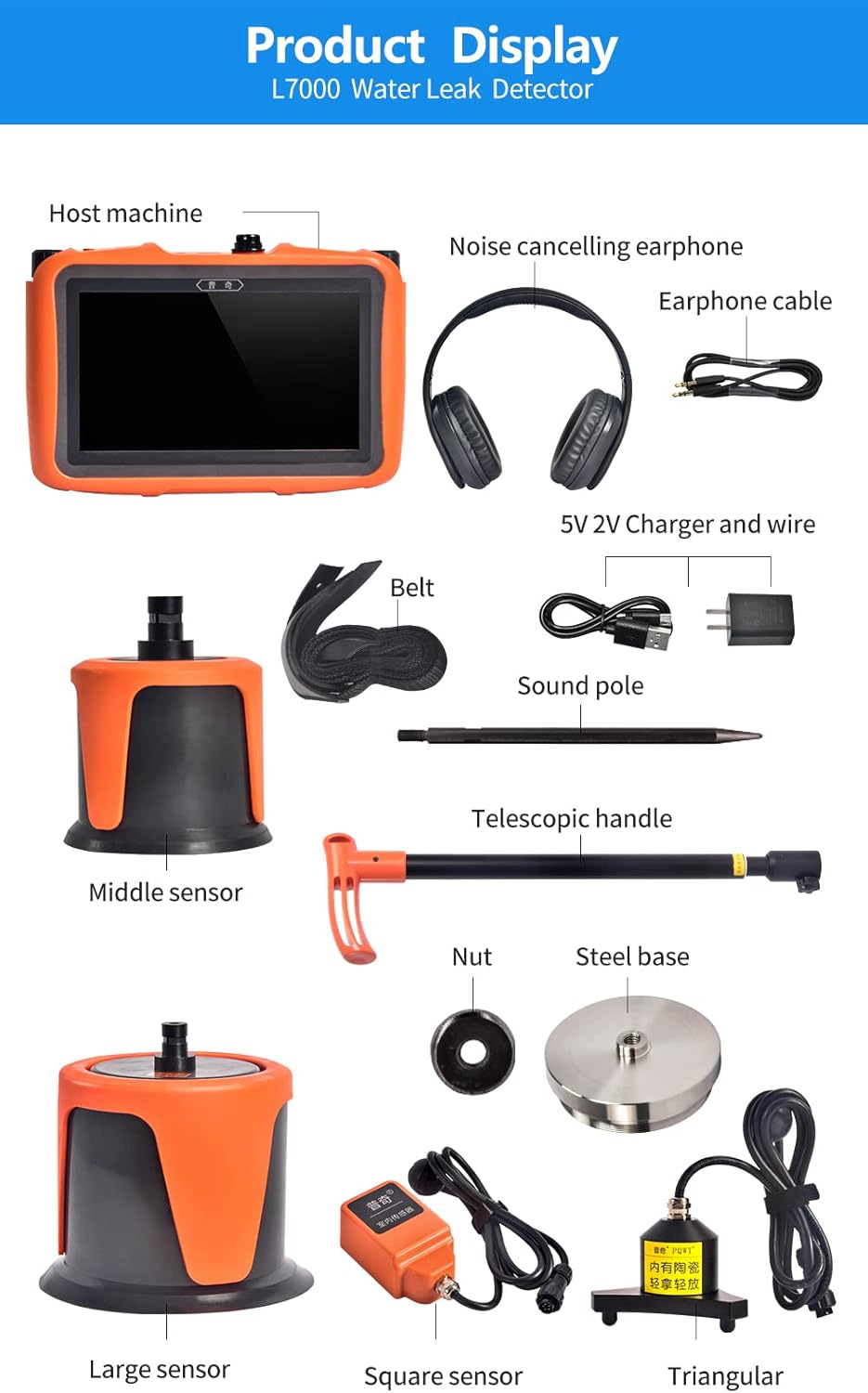 PQWT L7000 Underground Water Leak Detectors Indoor Outdoor Wall Water Pipe Detector Machine Multi Sensor Acoustic Pipeline Leakage Detection Kit Noise Reduction Headphone Smart Touchscreen Carry Case