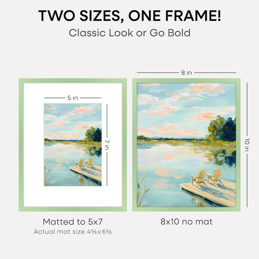 Homeforia 8x10 Picture Frame Sage Green, High End Metal 8 x 10 Poster Frames with Mat 5 by 7 Art, 10x8 Thin Frame Matted to 7x5 Photo, 8by10 Wall or Tabletop Frames, Tempered Glass, Wall Kit, Set of 1