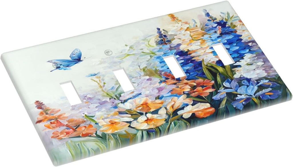 Decorative Light Switch Plate Covers Rustic Colorful Floral Garden Flowers 4 Gang Light Switch Cover Plate Quad Toggle Wall Plate Outlet Covers Faceplate for Country Bedroom Home Decor