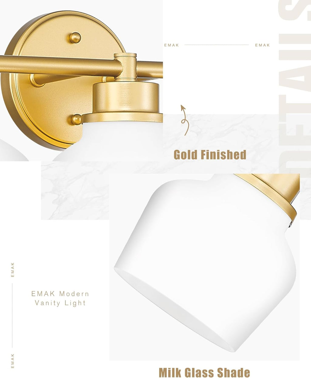 Emak Modern Gold Bathroom Light Fixtures, 2-Light Vanity Lights with Milk Glass Shade for Bathroom, Mirror, VL122-GD-ML-2