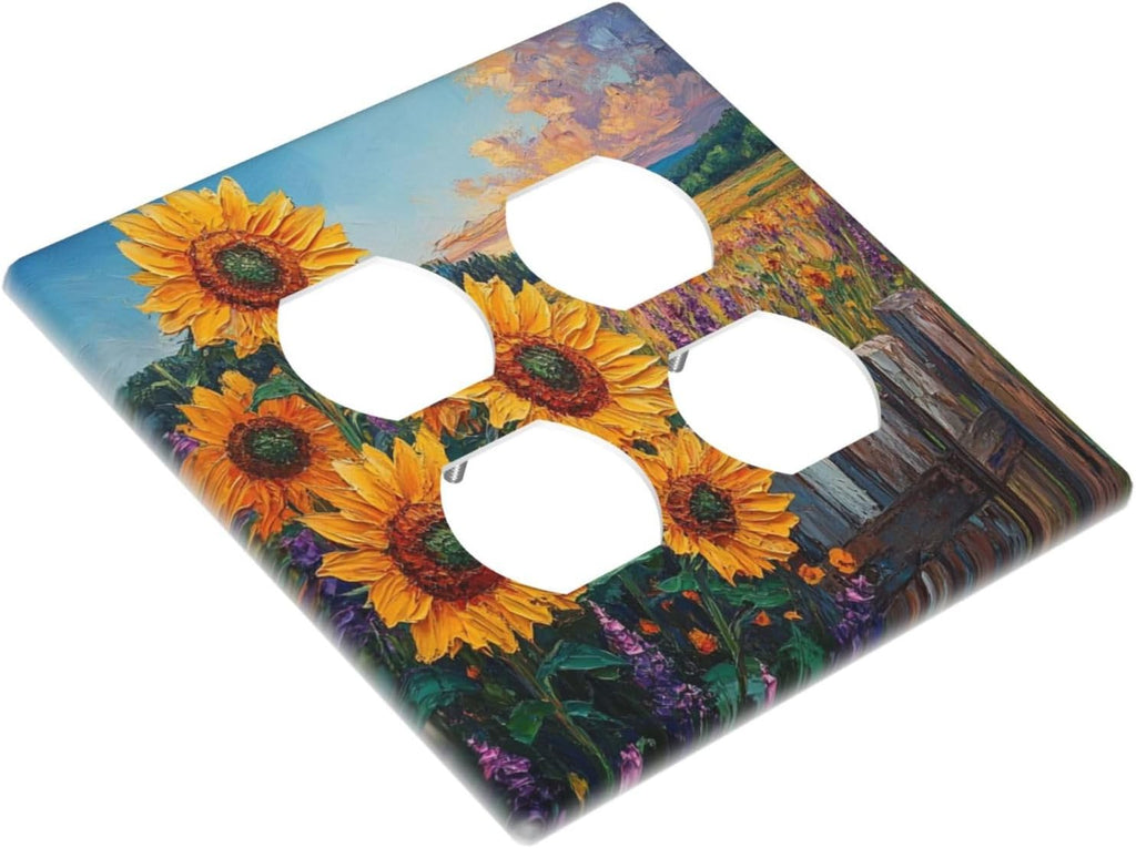 Decorative Outlet Covers Rustic Wilderness Sunflower Lavender Muzha Oil Painting 2 Gang Wall Plate Cover Double Duplex Receptacle Light Switch Cover Plate Faceplate